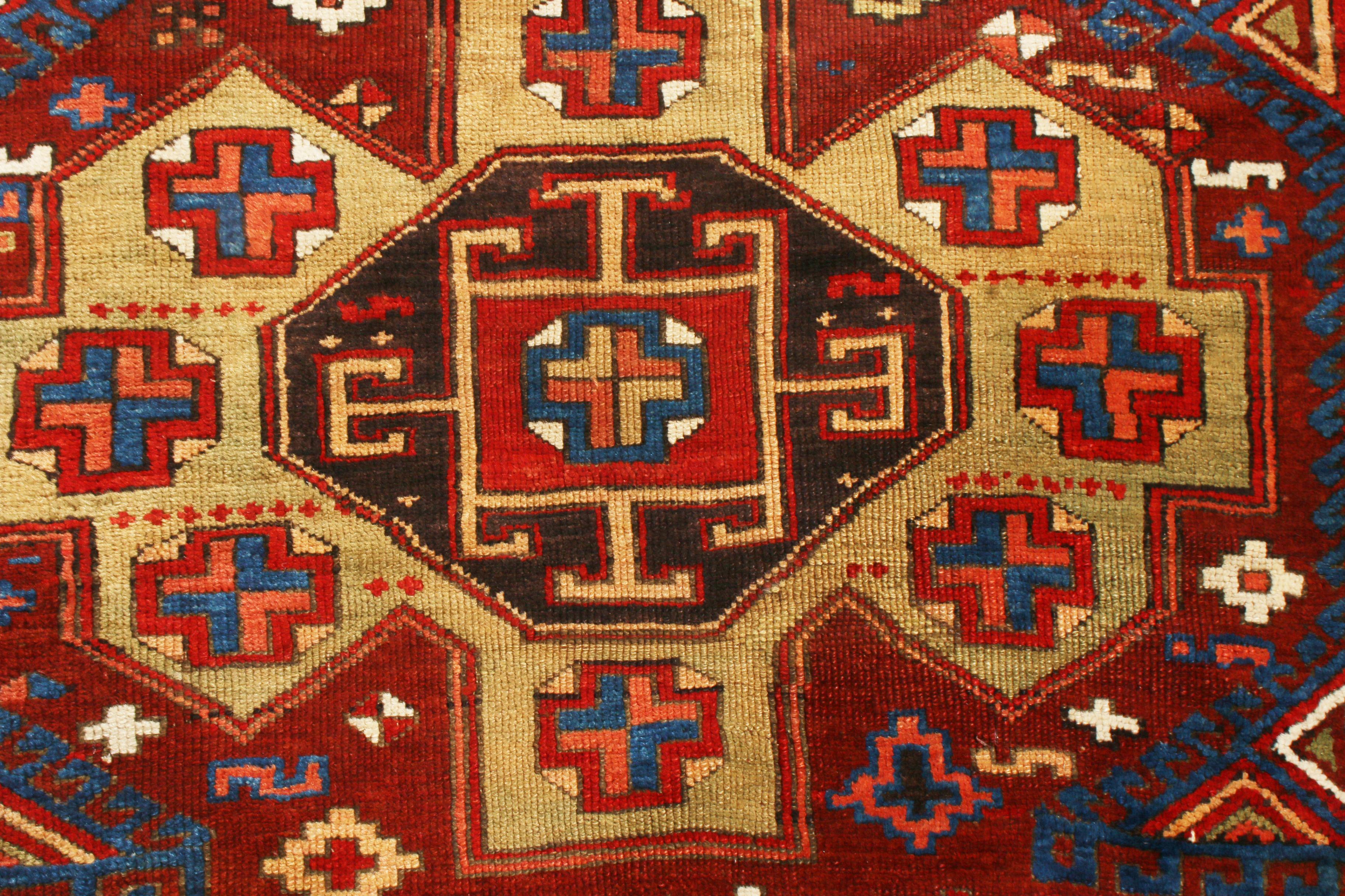 Persian Antique Yuruk Traditional Burgundy Red, Blue Geometric Wool Rug by Rug & Kilim For Sale
