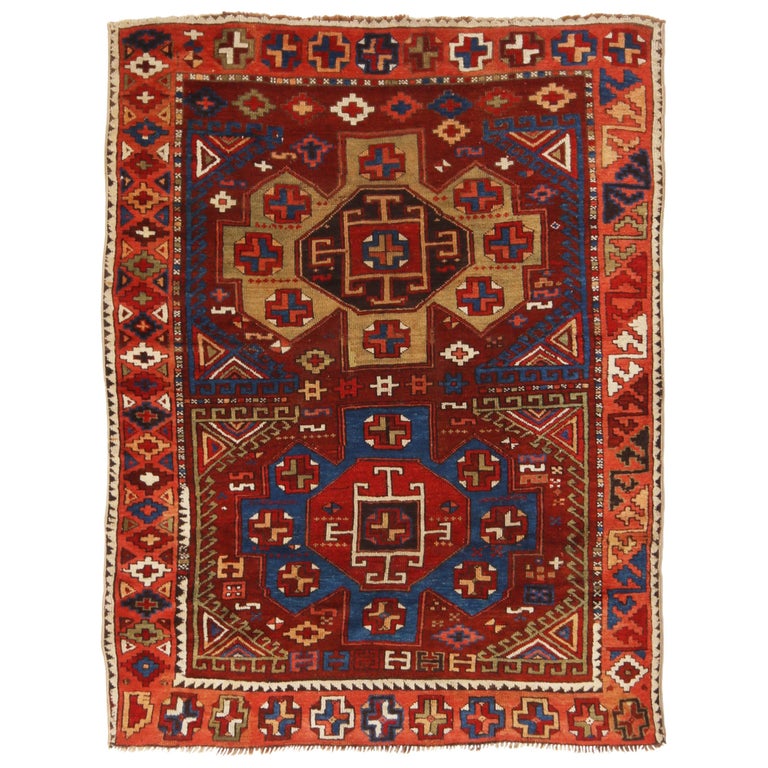 Antique Yuruk Traditional Burgundy Red, Blue Geometric Wool Rug by Rug