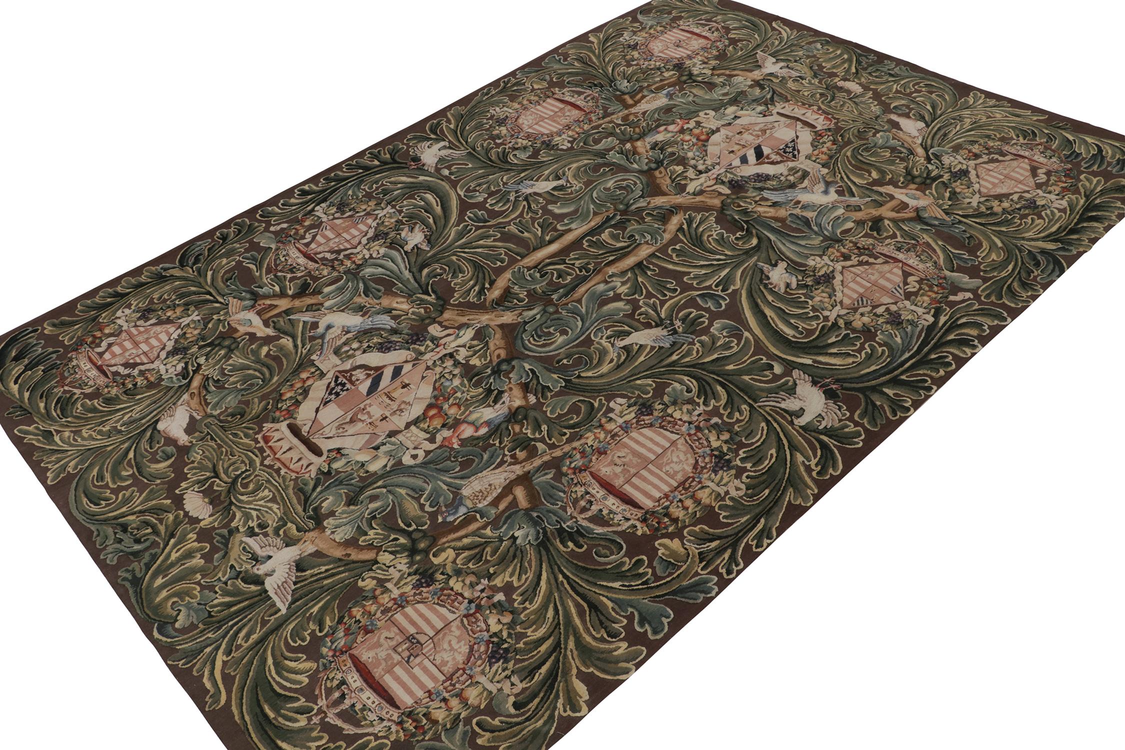 Chinese Rug & Kilim’s Armorial Tudor Style Kilim Rug in Black with Beige, Blue & Gold For Sale