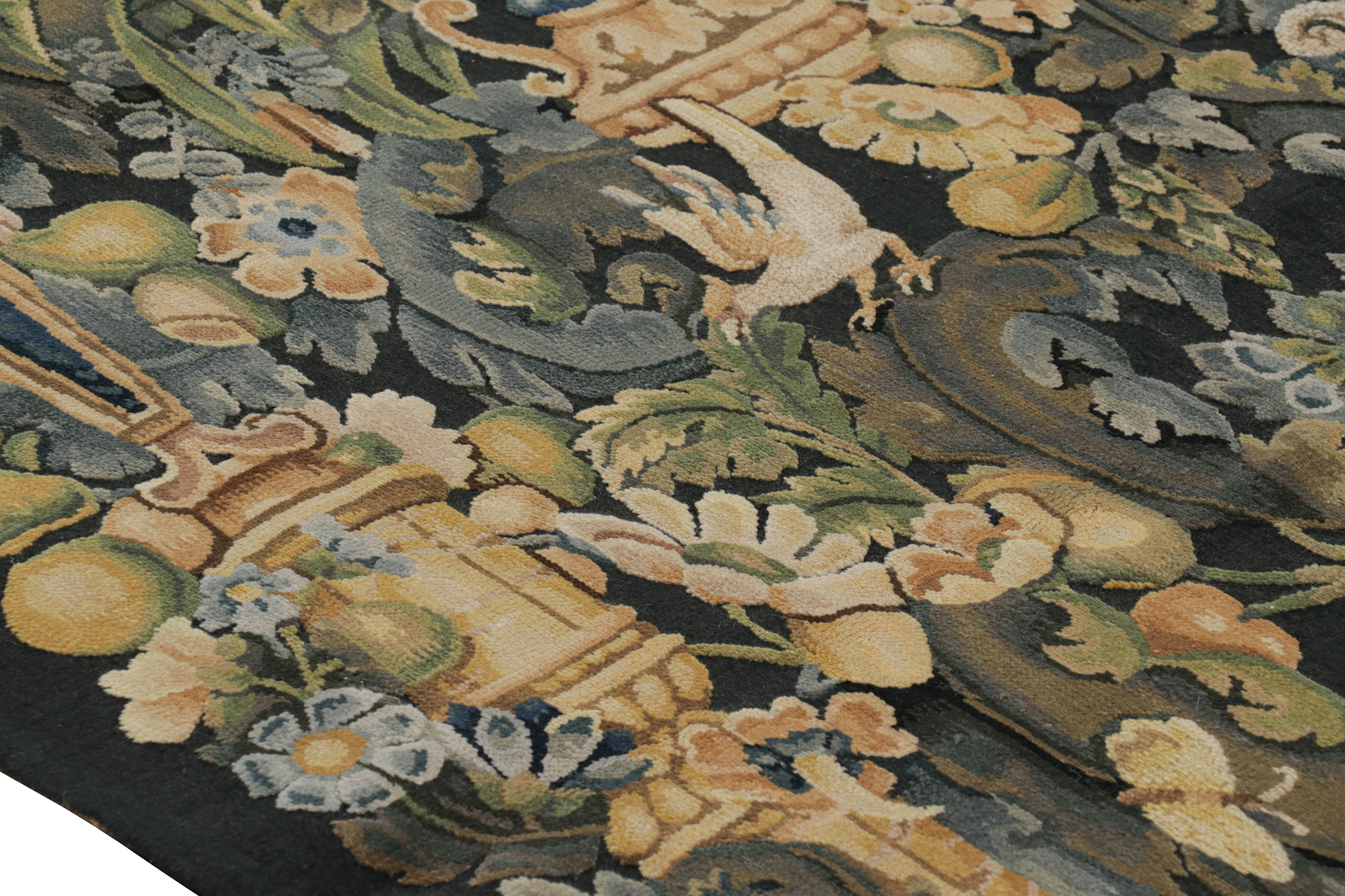 Chinese Rug & Kilim’s Armorial Tudor Style Rug in Black, with Beige, Blue and Gold Tones For Sale