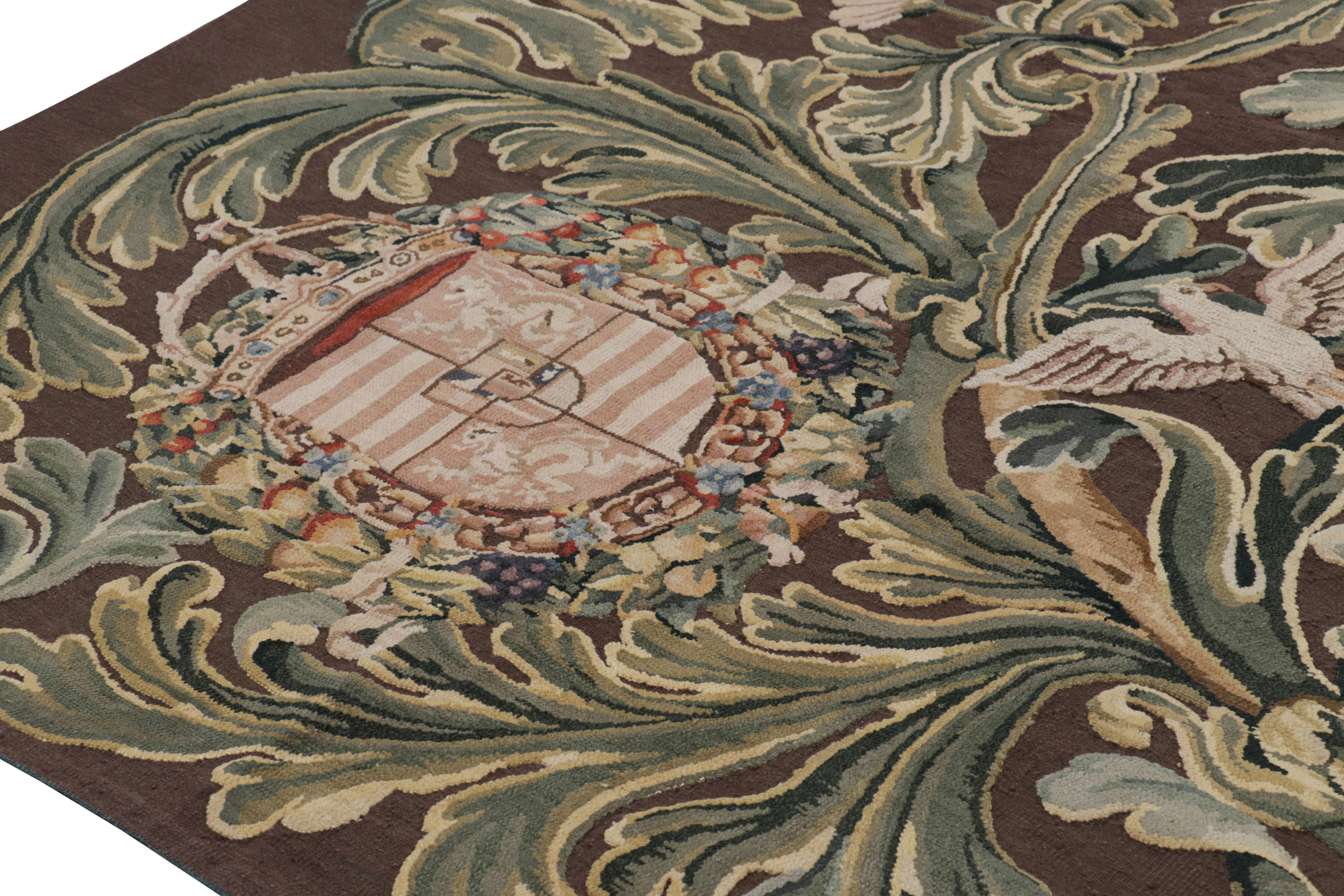 Chinese Rug & Kilim’s Armorial Tudor Style Rug in Black, with Beige, Blue and Gold Tones For Sale