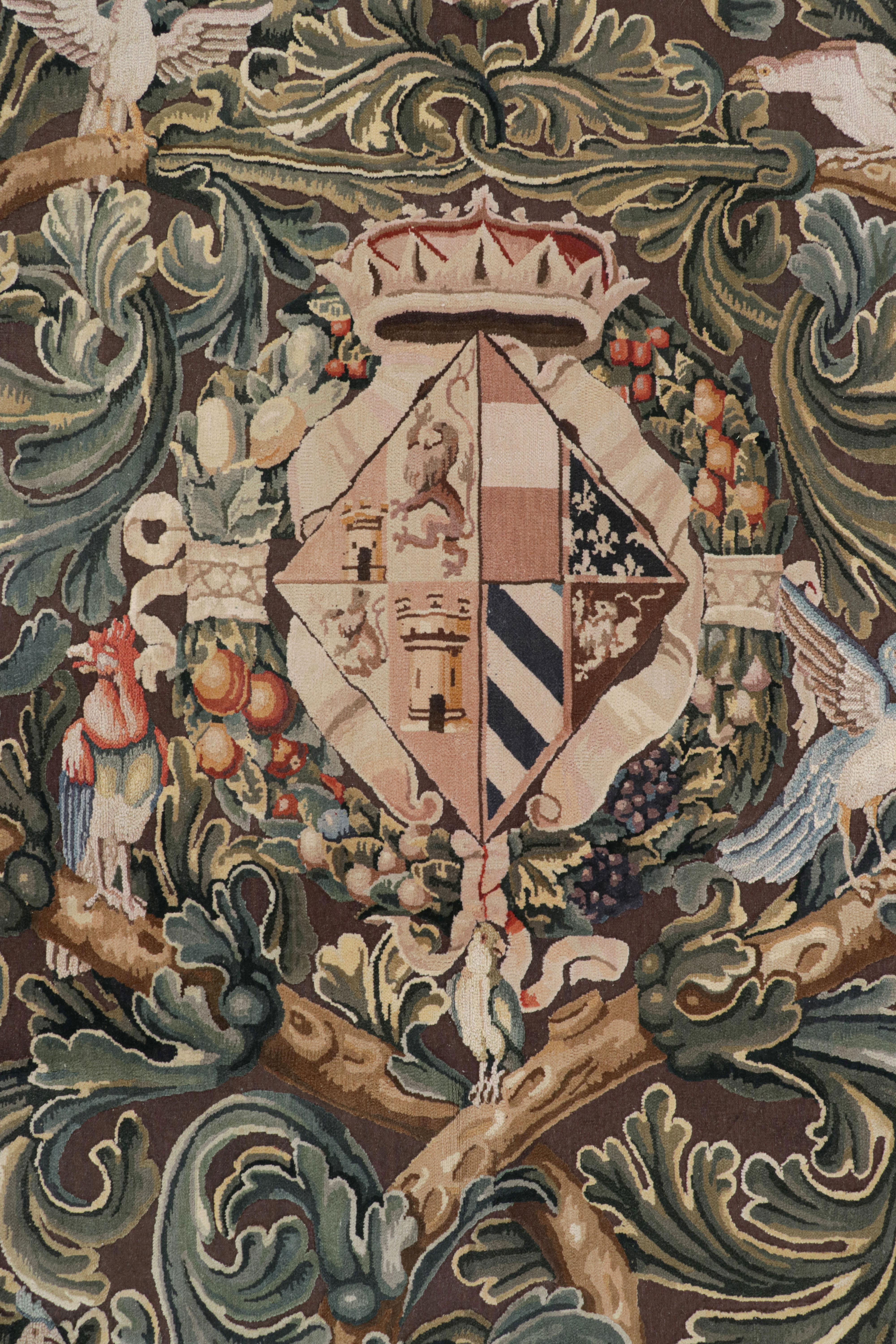 Chinese Rug & Kilim’s Armorial Tudor Style Rug in Black, with Beige, Blue and Gold Tones For Sale
