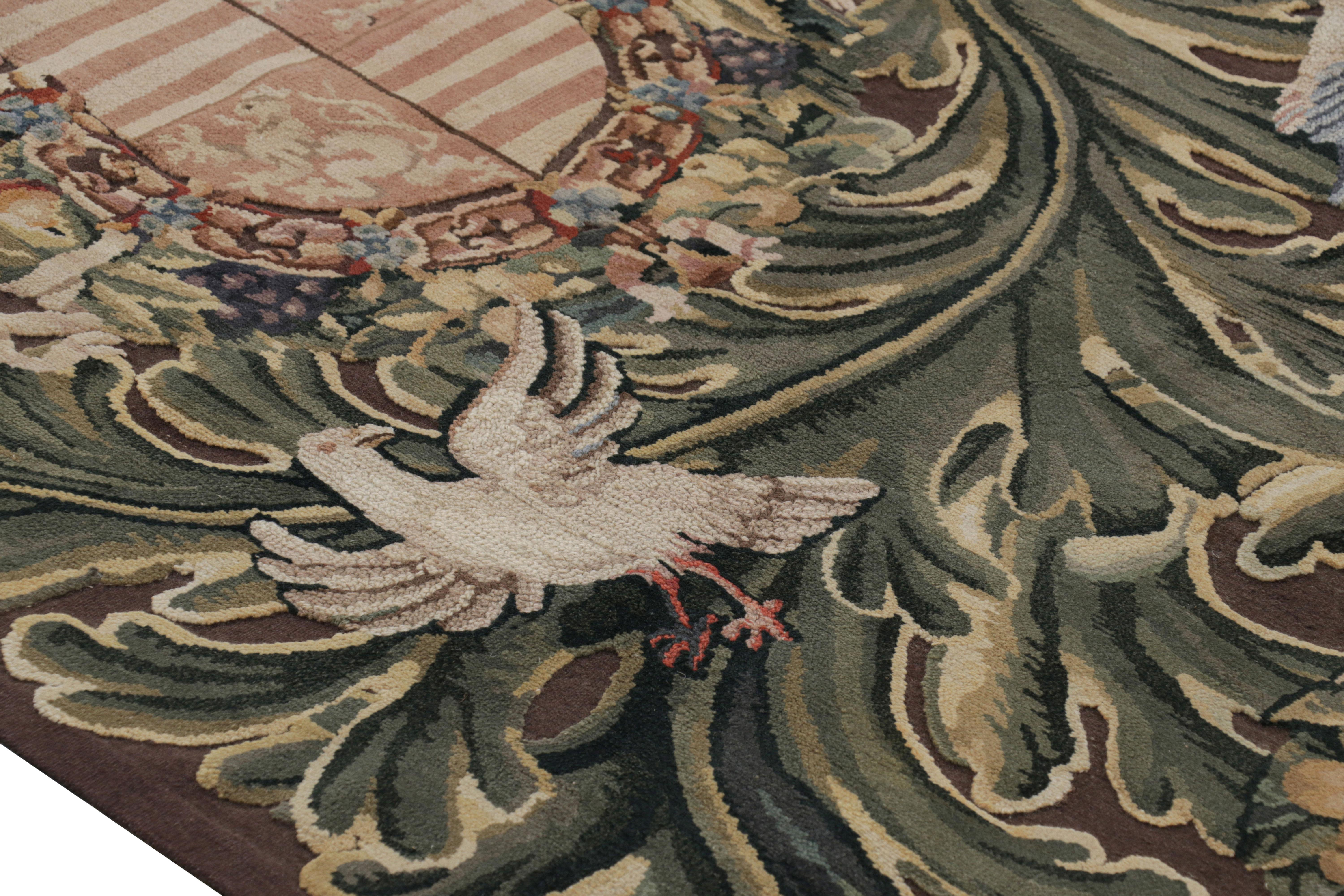 Chinese Rug & Kilim’s Armorial Tudor Style Rug in Black, with Beige, Blue and Gold Tones For Sale