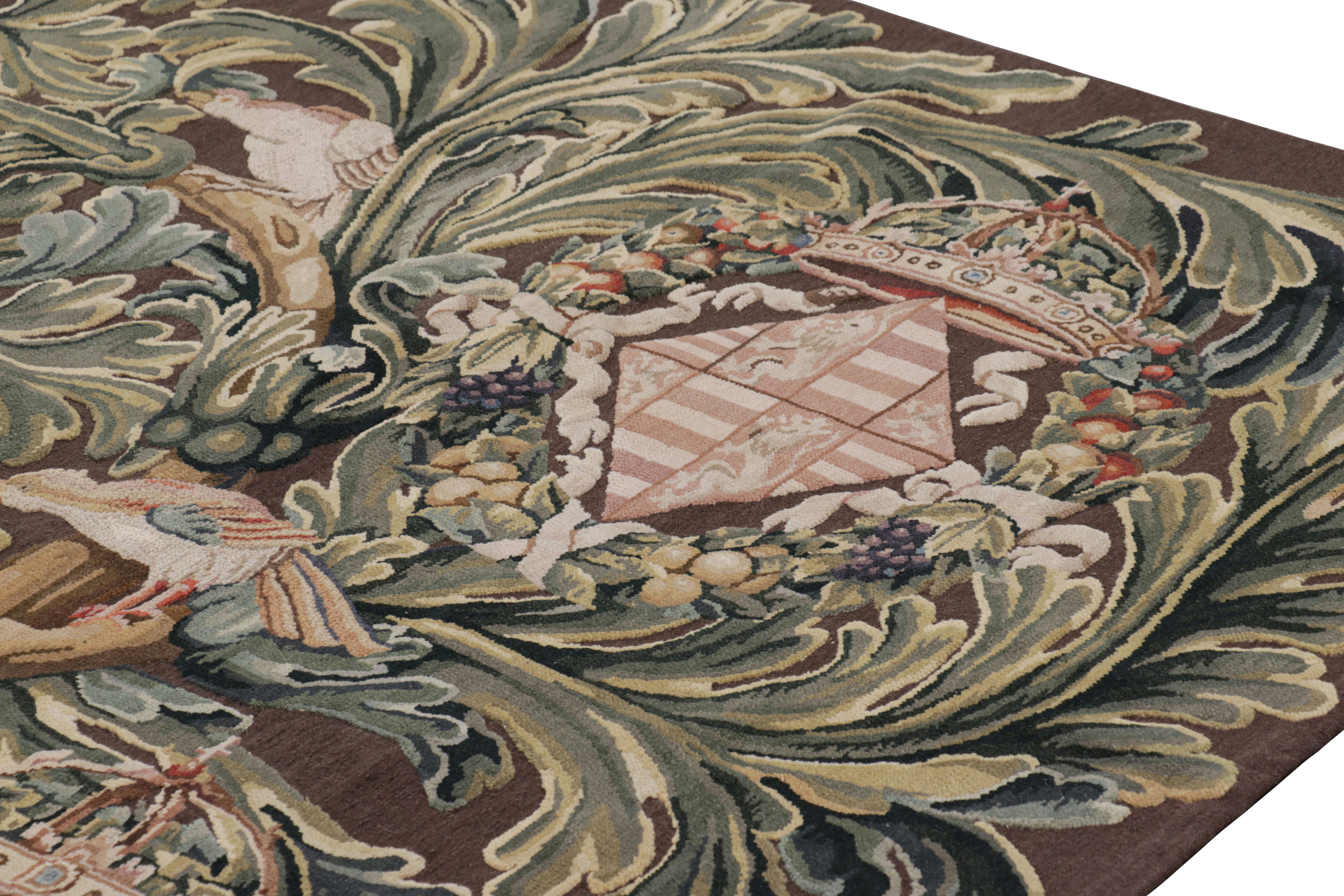 Chinese Rug & Kilim’s Armorial Tudor Style Rug in Black, with Beige, Blue and Gold Tones For Sale