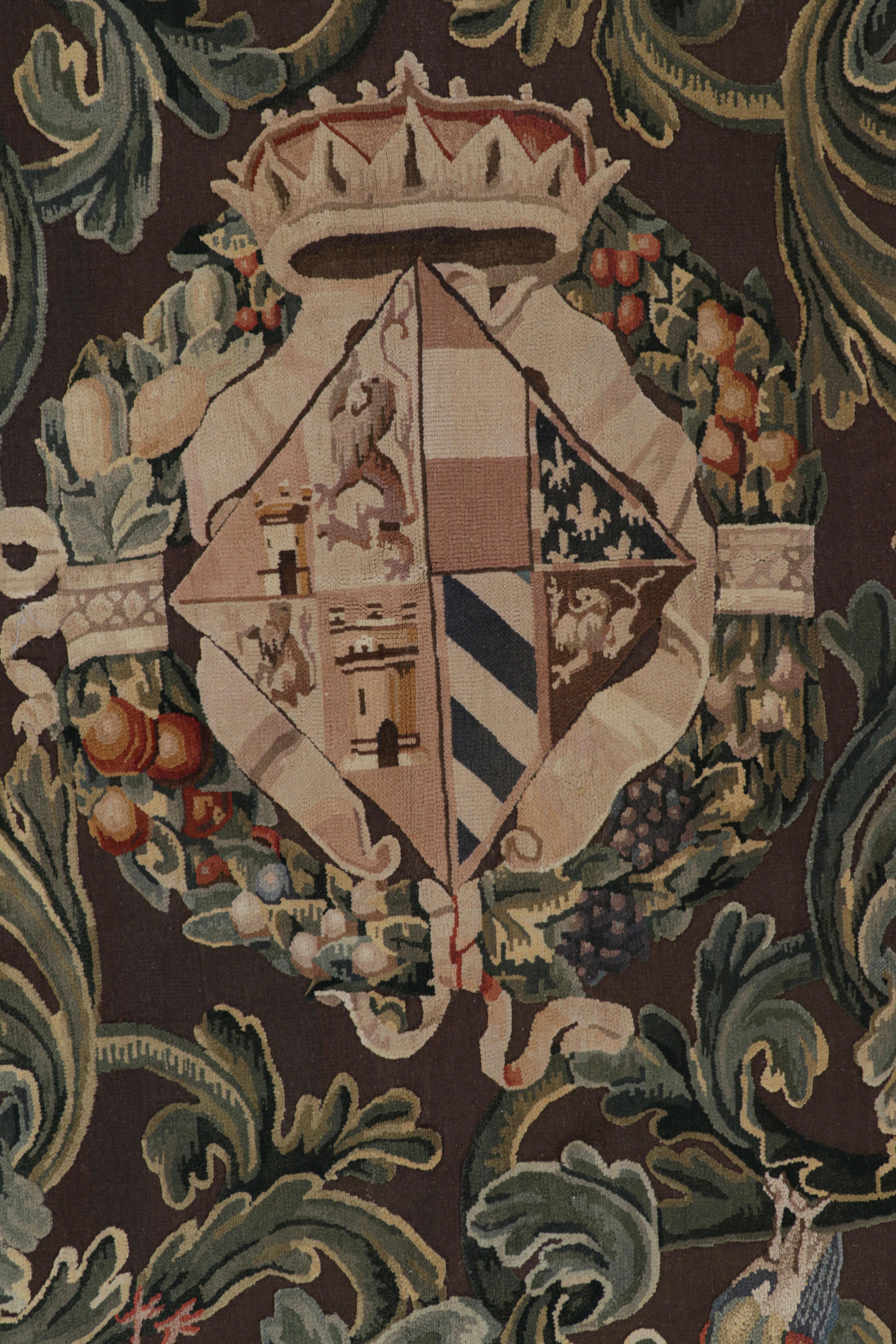 Chinese Rug & Kilim’s Armorial Tudor Style Rug in Black, with Beige, Blue and Gold Tones For Sale