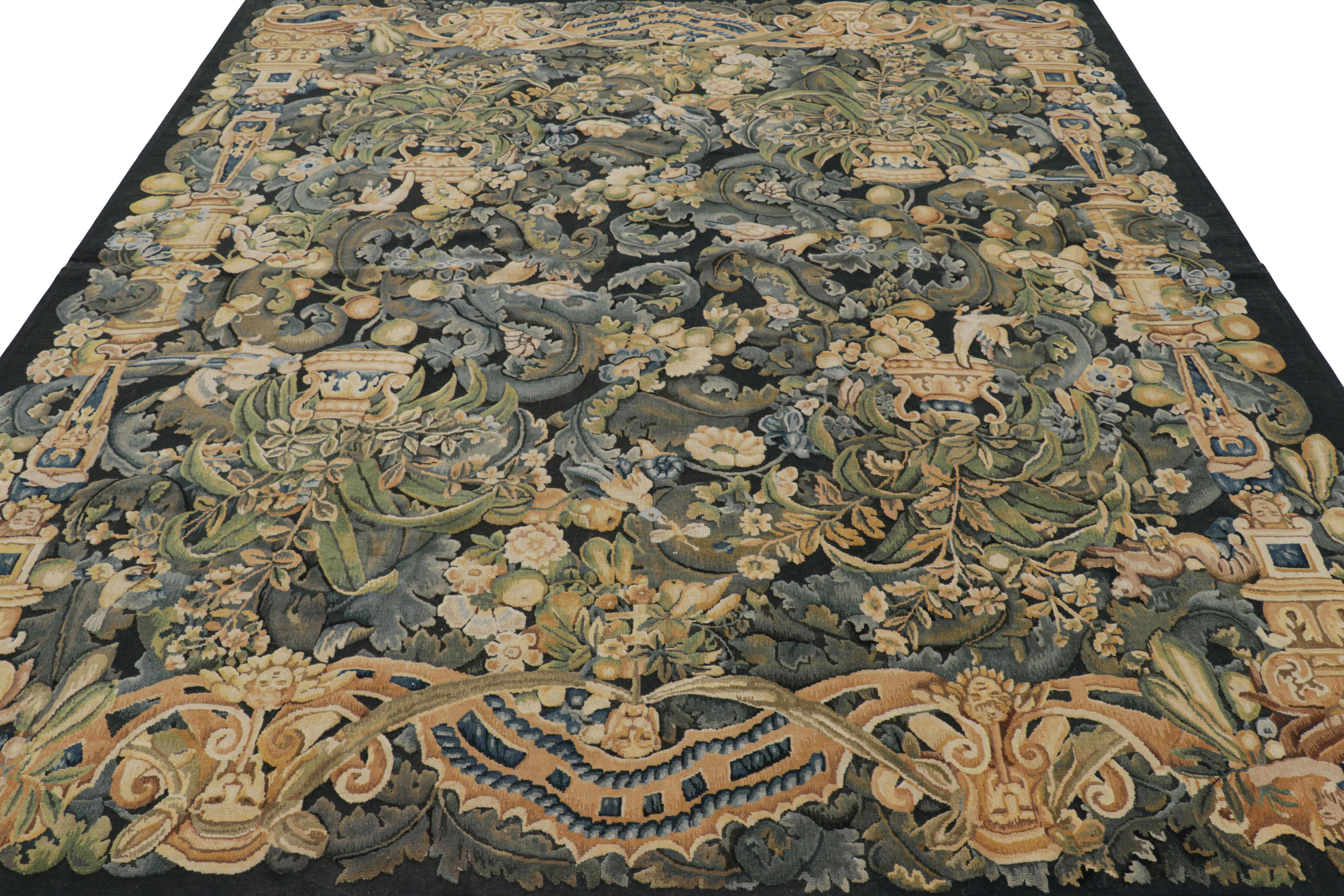 Hand-Woven Rug & Kilim’s Armorial Tudor Style Rug in Black, with Beige, Blue and Gold Tones For Sale