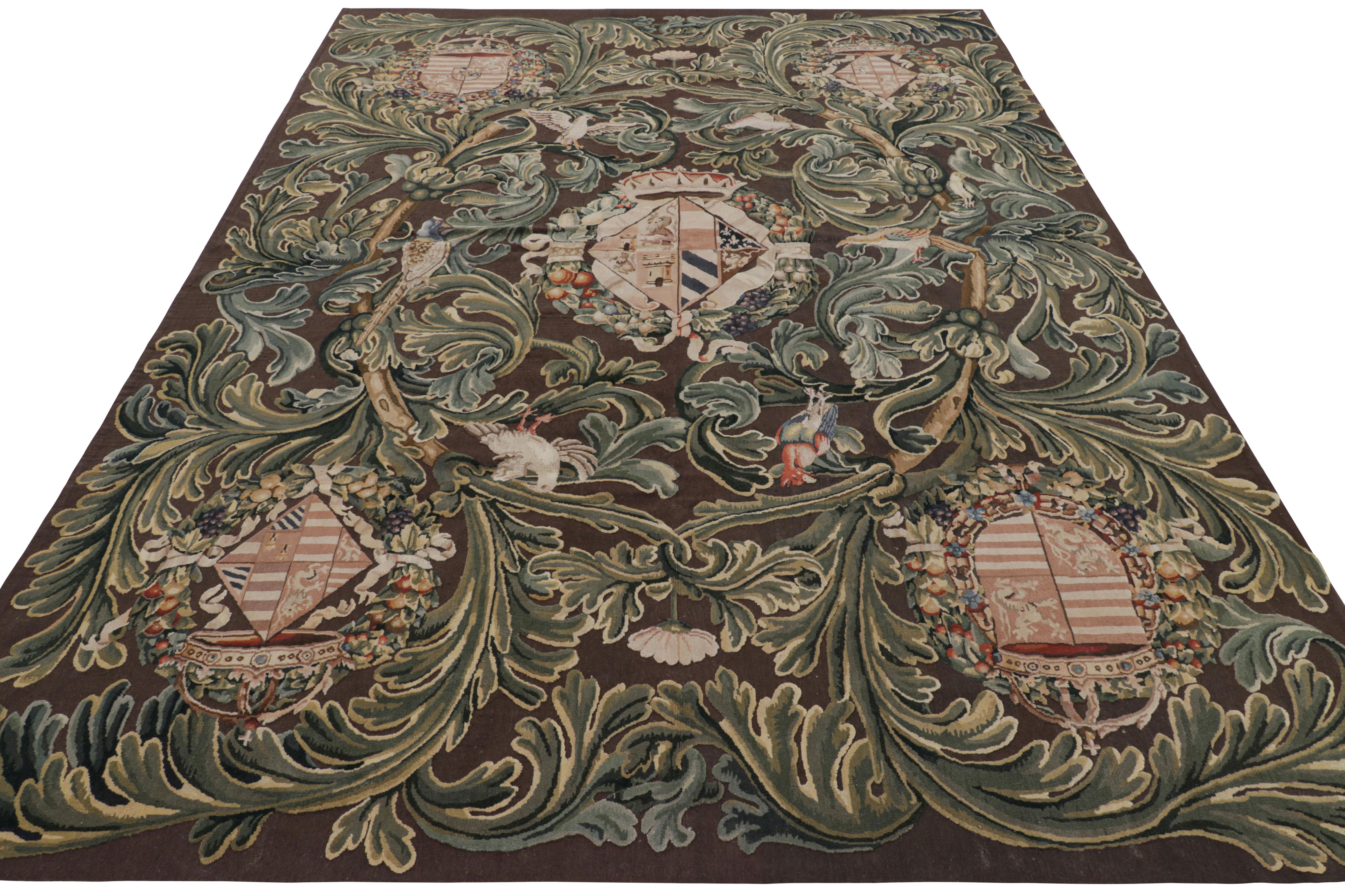 Hand-Woven Rug & Kilim’s Armorial Tudor Style Rug in Black, with Beige, Blue and Gold Tones For Sale