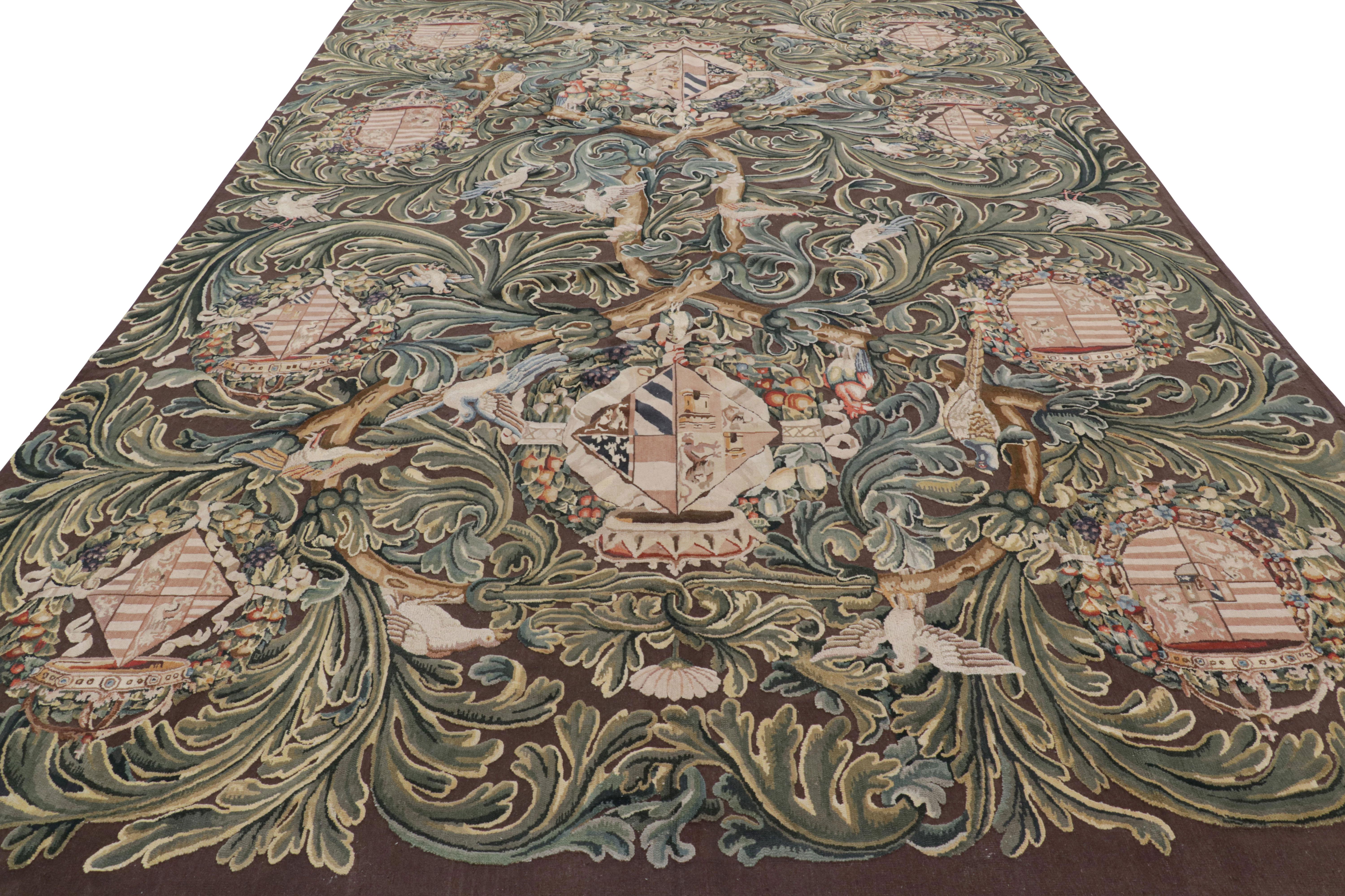 Hand-Woven Rug & Kilim’s Armorial Tudor Style Rug in Black, with Beige, Blue and Gold Tones For Sale