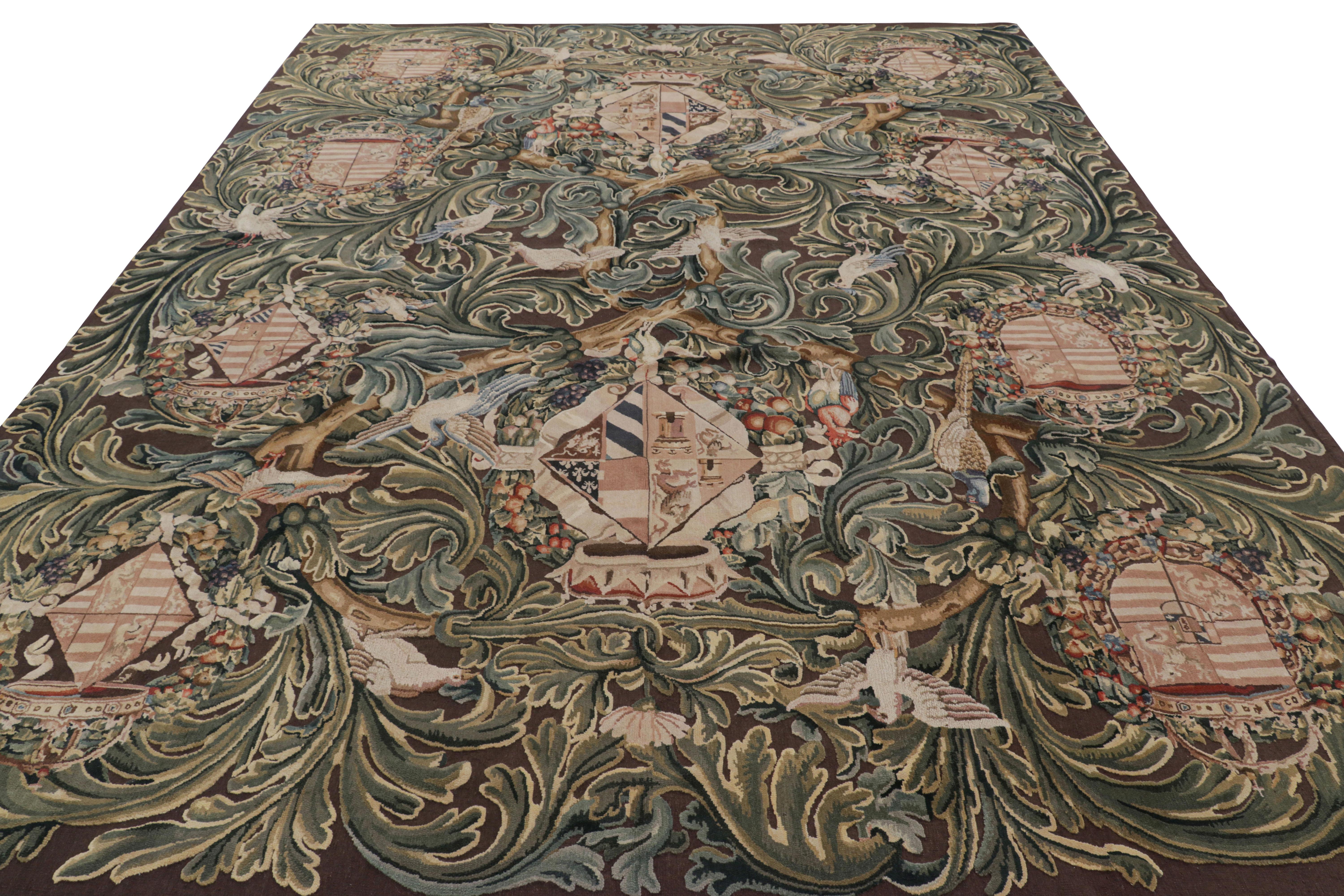 Hand-Woven Rug & Kilim’s Armorial Tudor Style Rug in Black, with Beige, Blue and Gold Tones For Sale