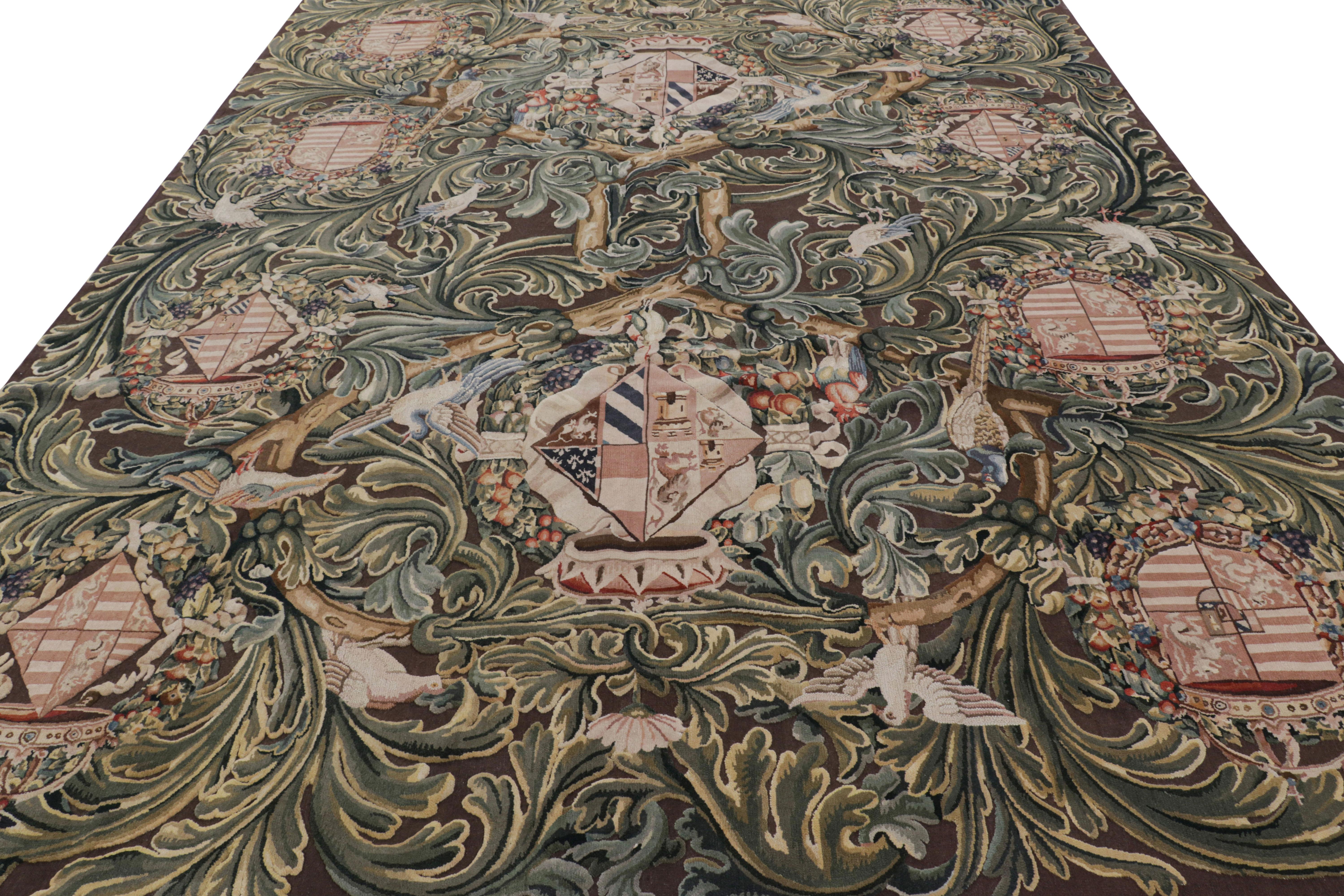 Hand-Woven Rug & Kilim’s Armorial Tudor Style Rug in Black, with Beige, Blue and Gold Tones For Sale
