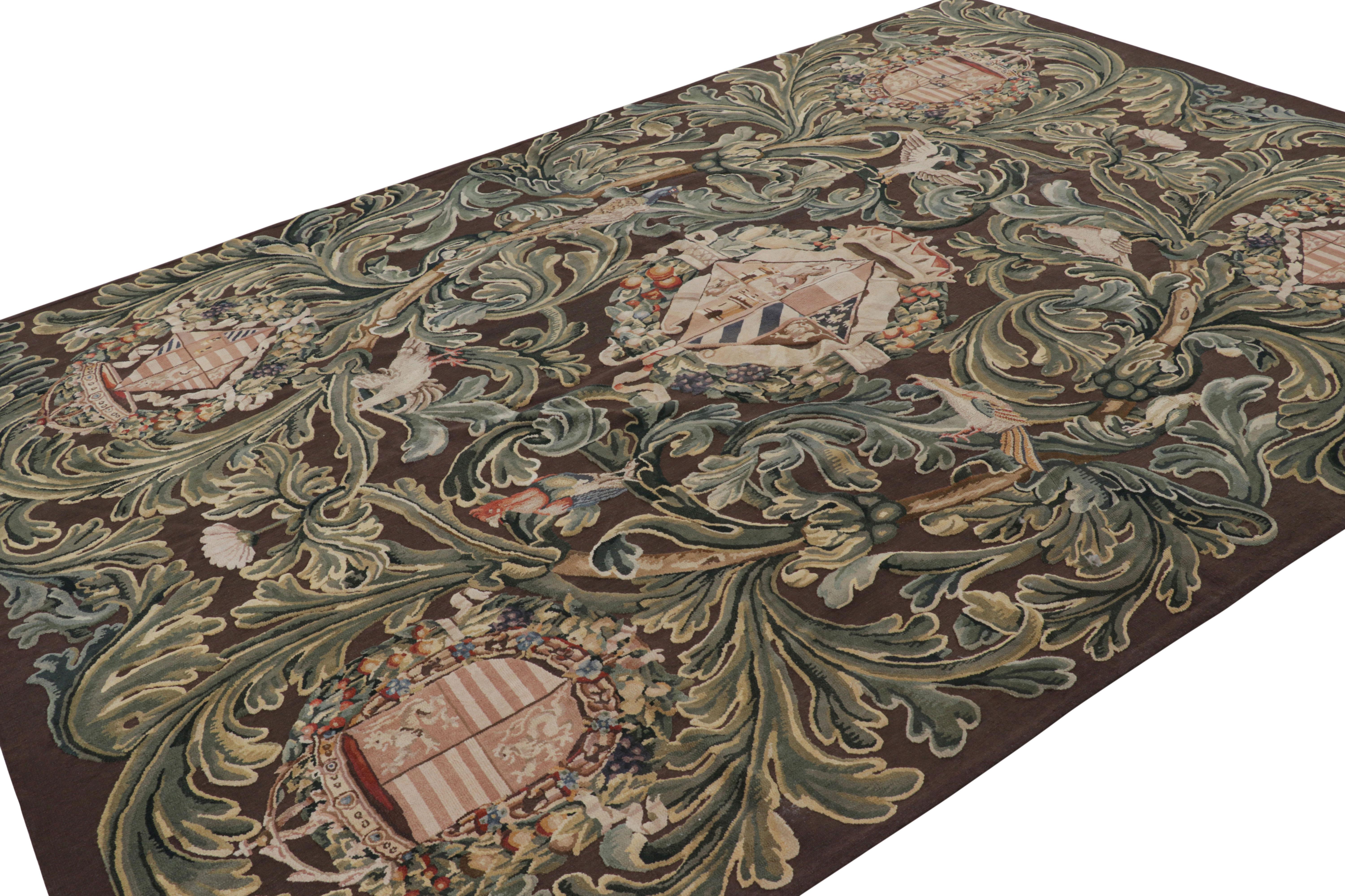 Hand-Woven Rug & Kilim’s Armorial Tudor Style Rug in Black, with Beige, Blue and Gold Tones For Sale
