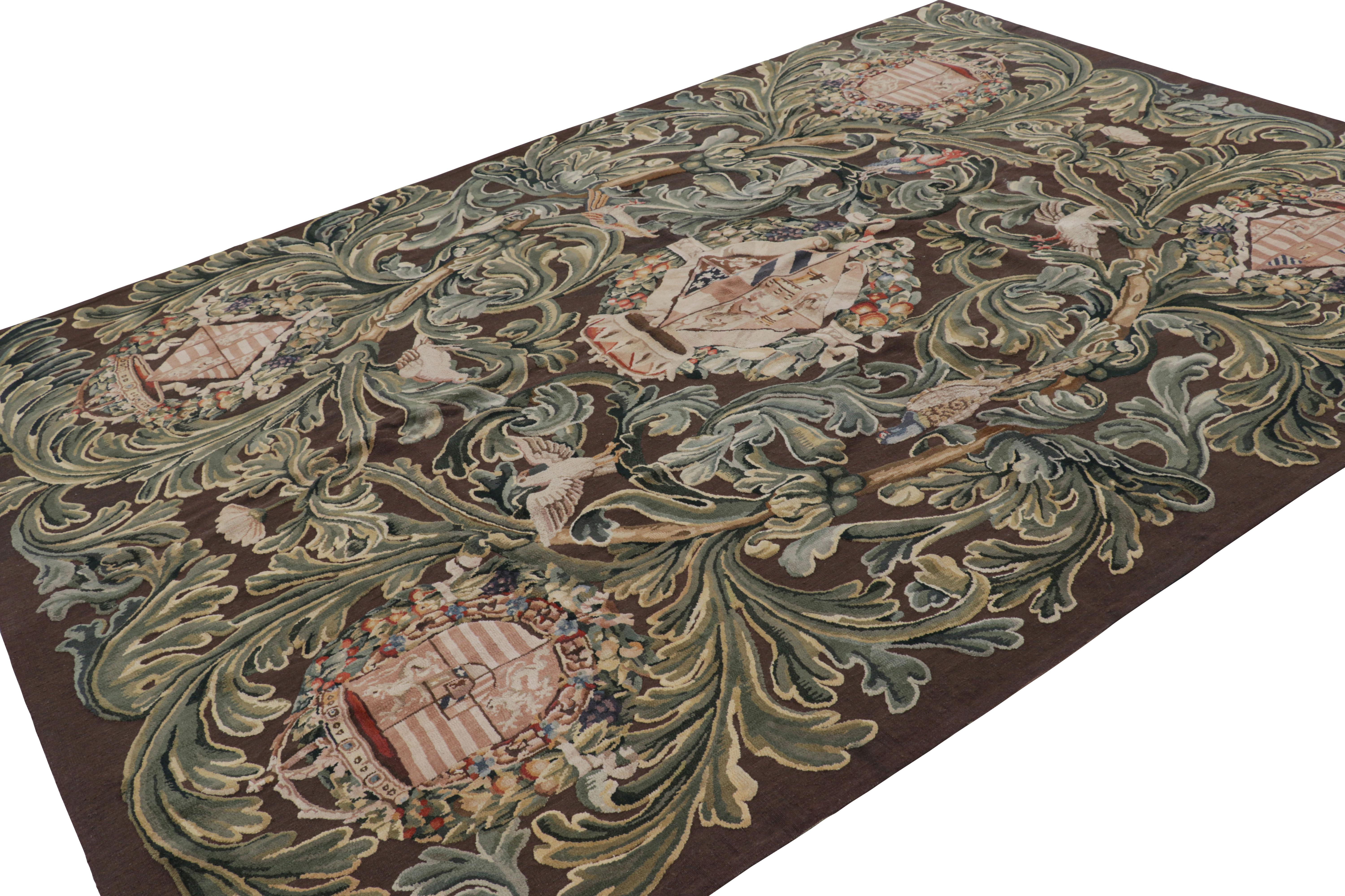 Hand-Woven Rug & Kilim’s Armorial Tudor Style Rug in Black, with Beige, Blue and Gold Tones For Sale