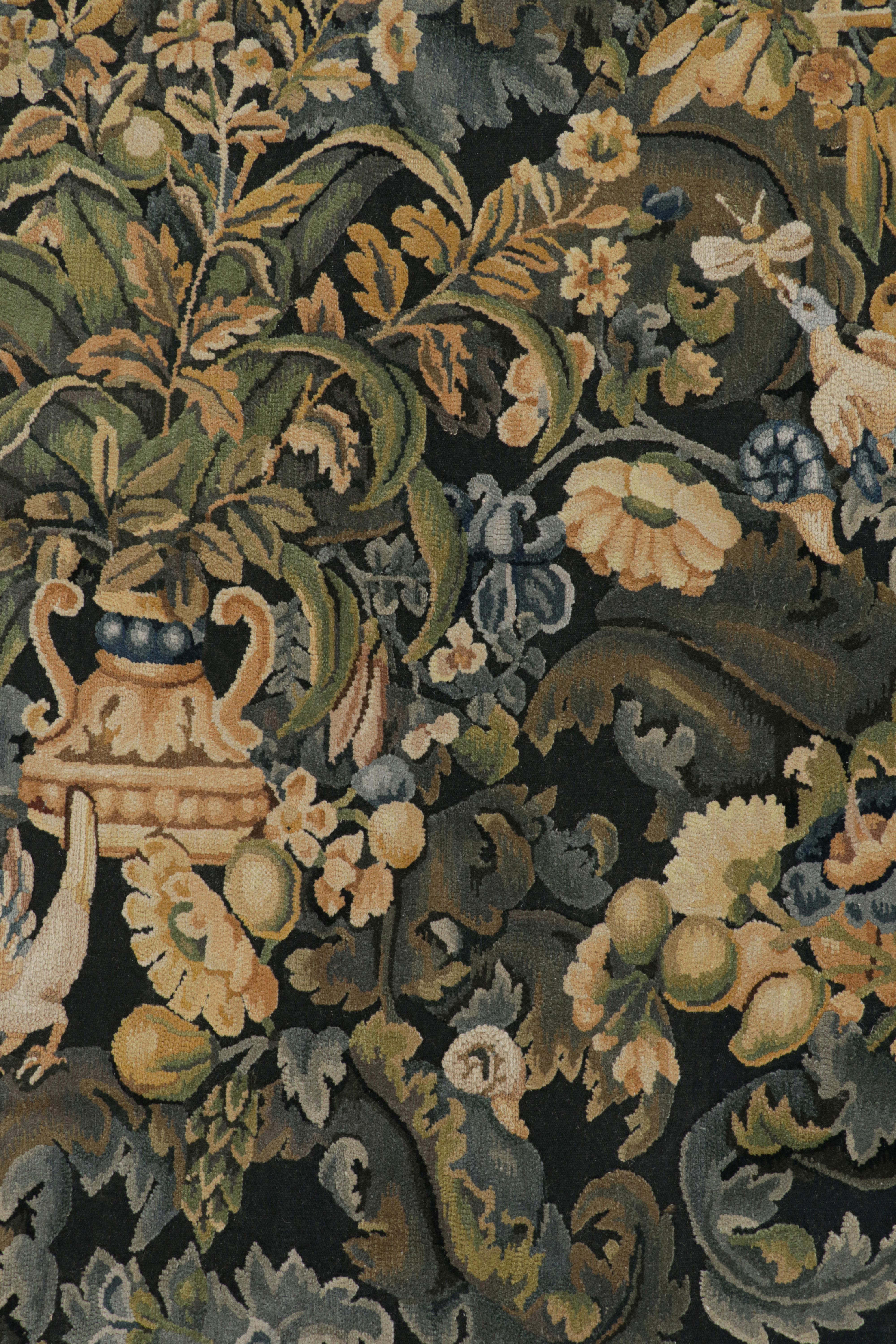Contemporary Rug & Kilim’s Armorial Tudor Style Rug in Black, with Beige, Blue and Gold Tones For Sale