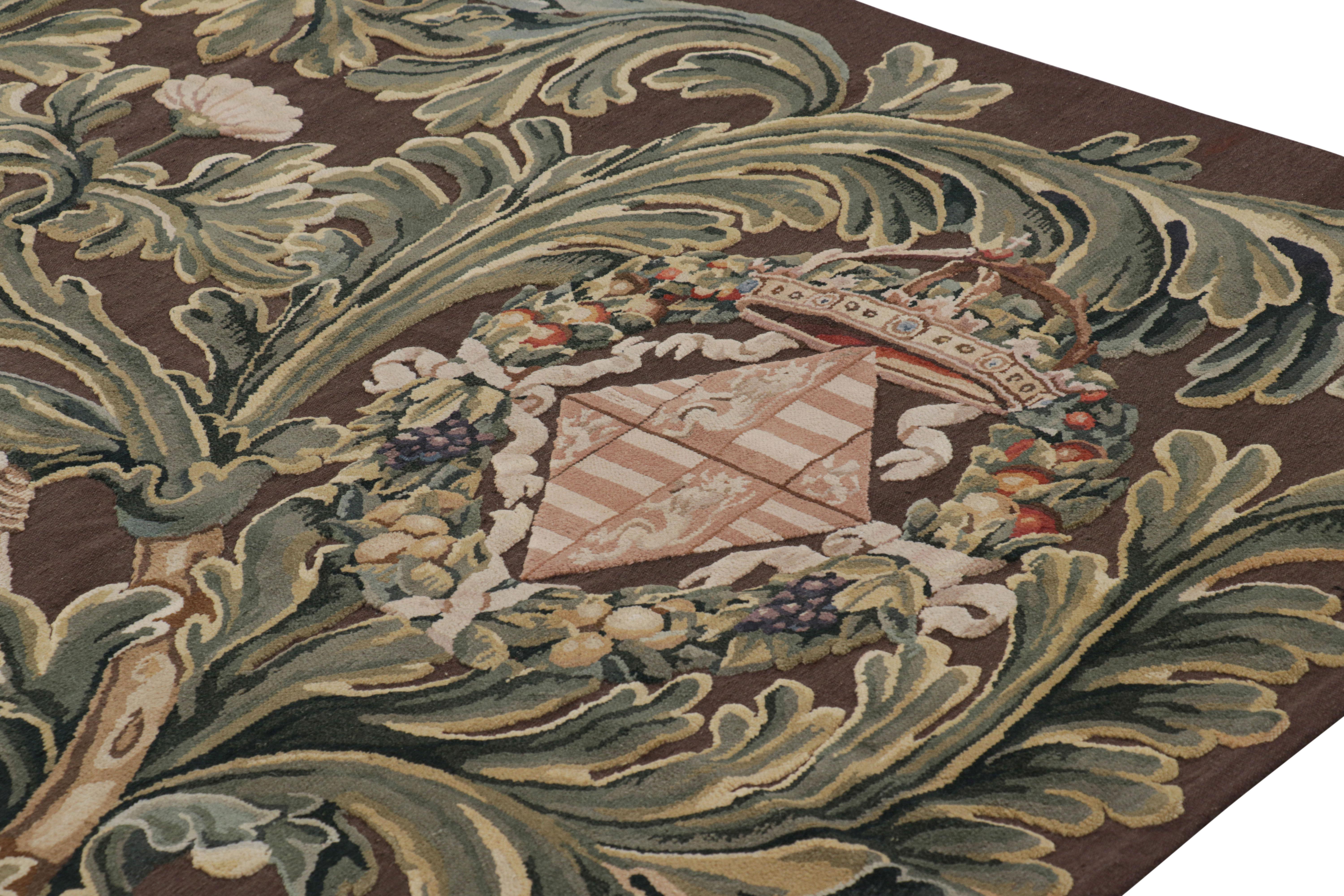Contemporary Rug & Kilim’s Armorial Tudor Style Rug in Black, with Beige, Blue and Gold Tones For Sale