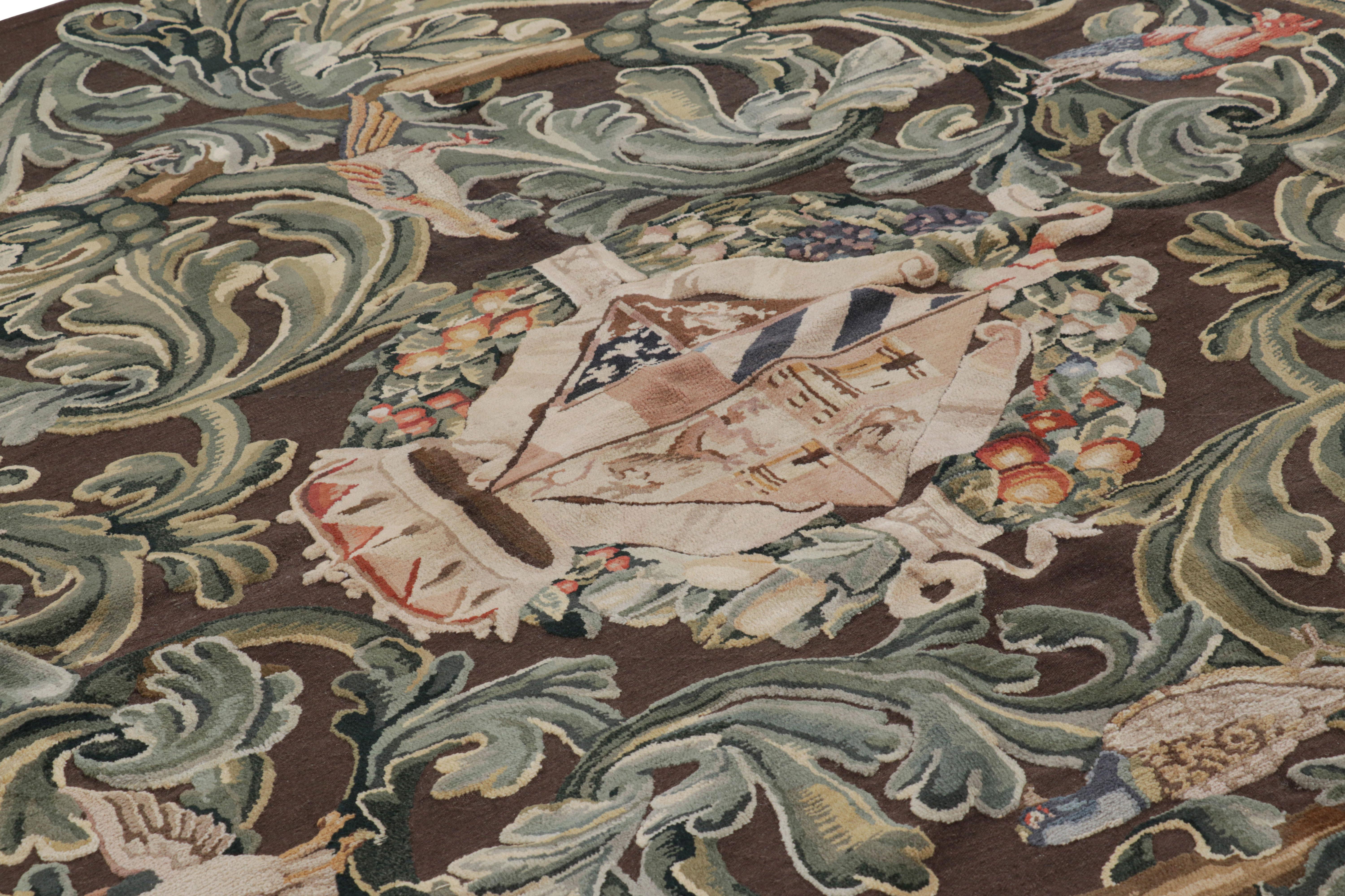 Contemporary Rug & Kilim’s Armorial Tudor Style Rug in Black, with Beige, Blue and Gold Tones For Sale