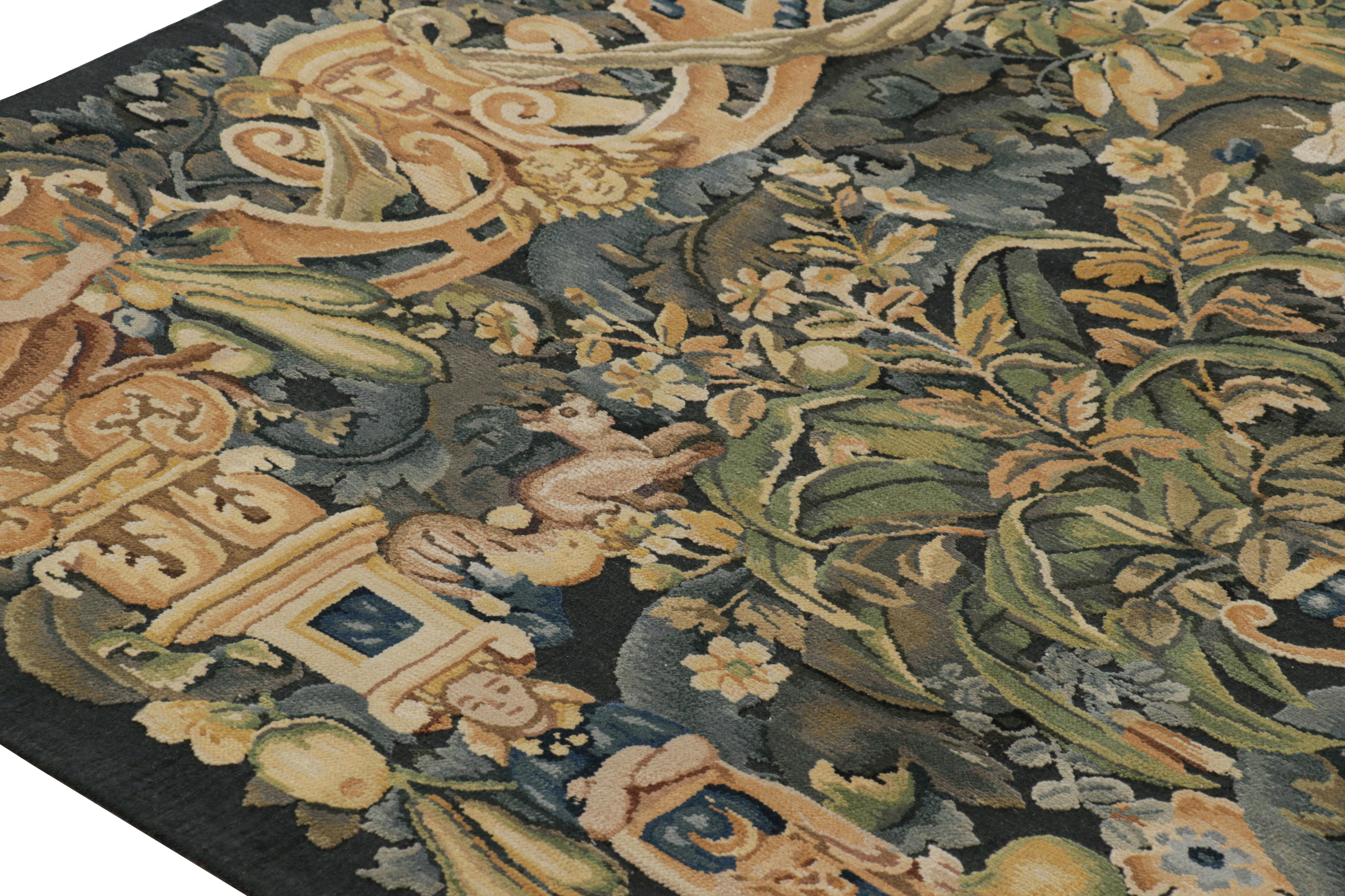 Wool Rug & Kilim’s Armorial Tudor Style Rug in Black, with Beige, Blue and Gold Tones For Sale