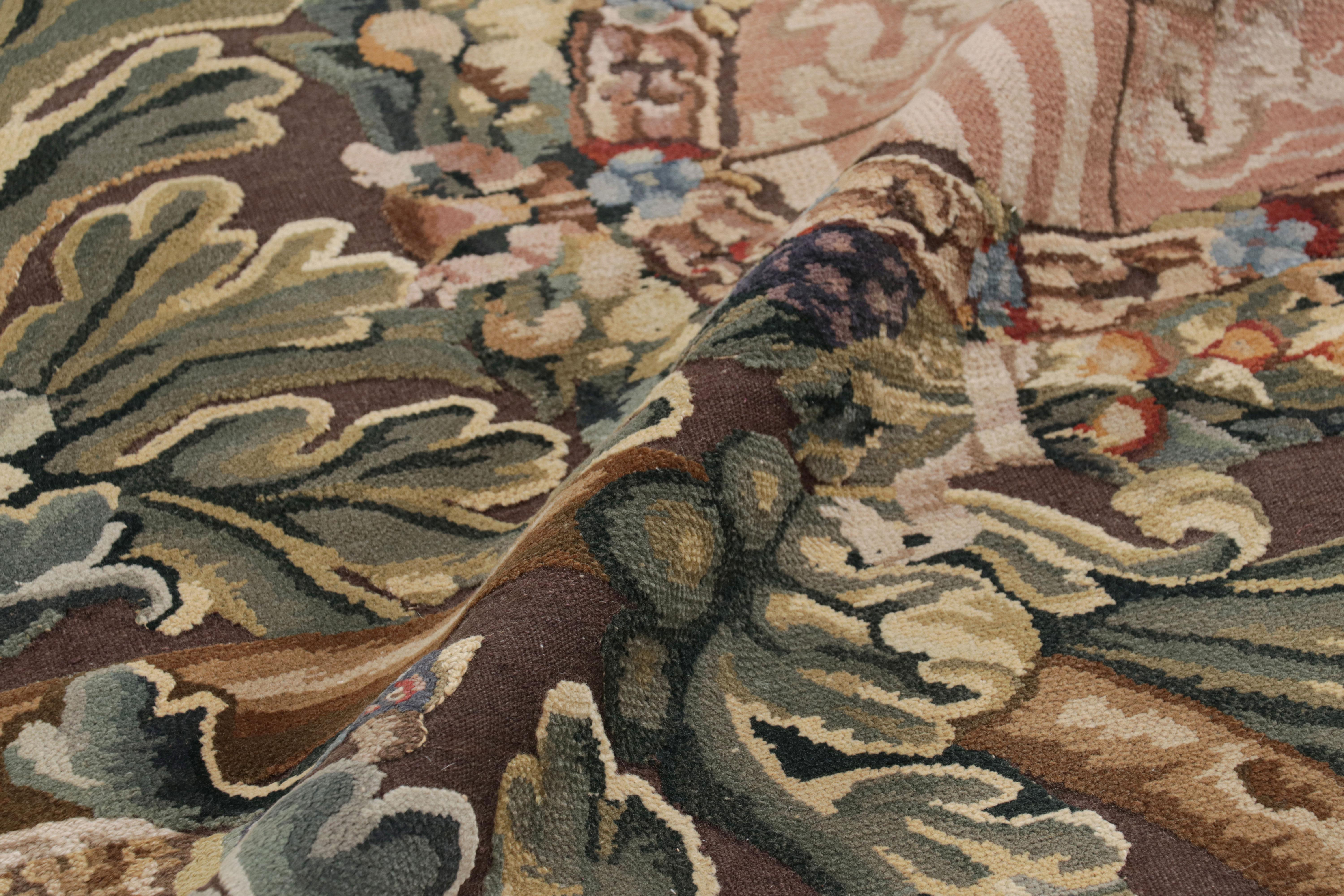 Wool Rug & Kilim’s Armorial Tudor Style Rug in Black, with Beige, Blue and Gold Tones For Sale