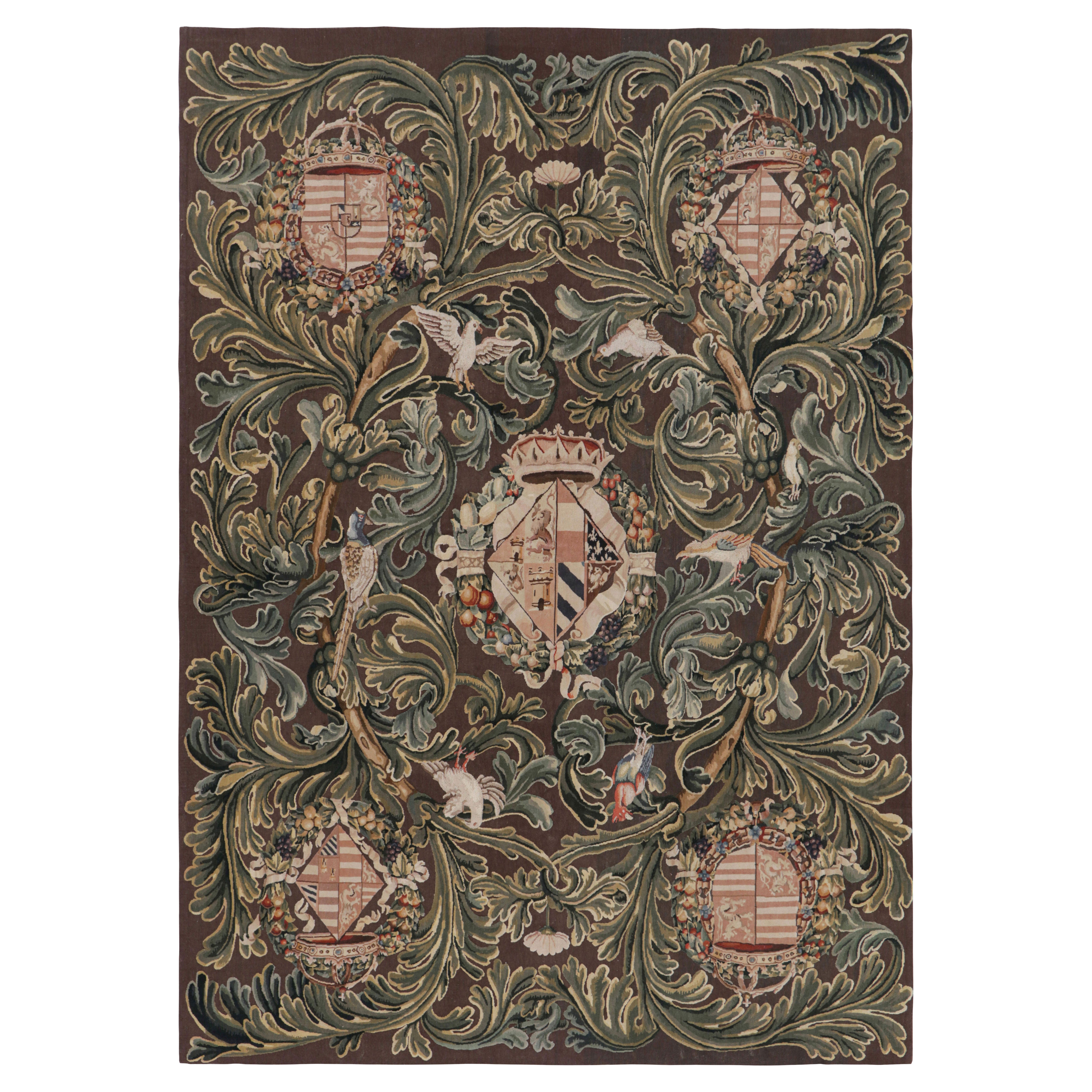 Rug & Kilim's Armorial Tudor Style Rug in Black, with Beige, Blue and Gold Tones (Tapis armorial de style Tudor en noir, avec des tons beiges, bleus et or)