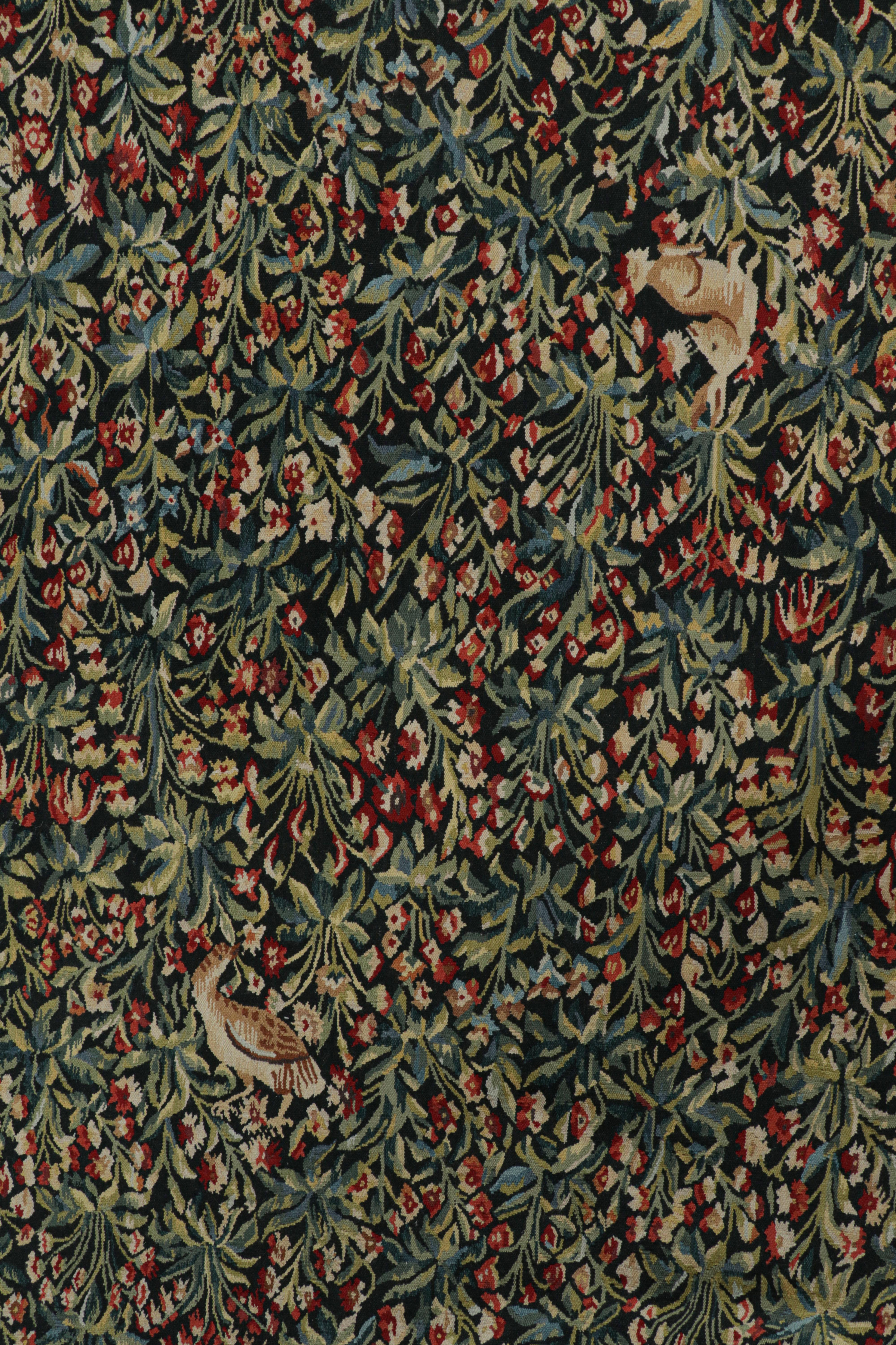 Chinese Rug & Kilim’s Armorial Tudor Style Rug in Green and Red Floral Patterns For Sale