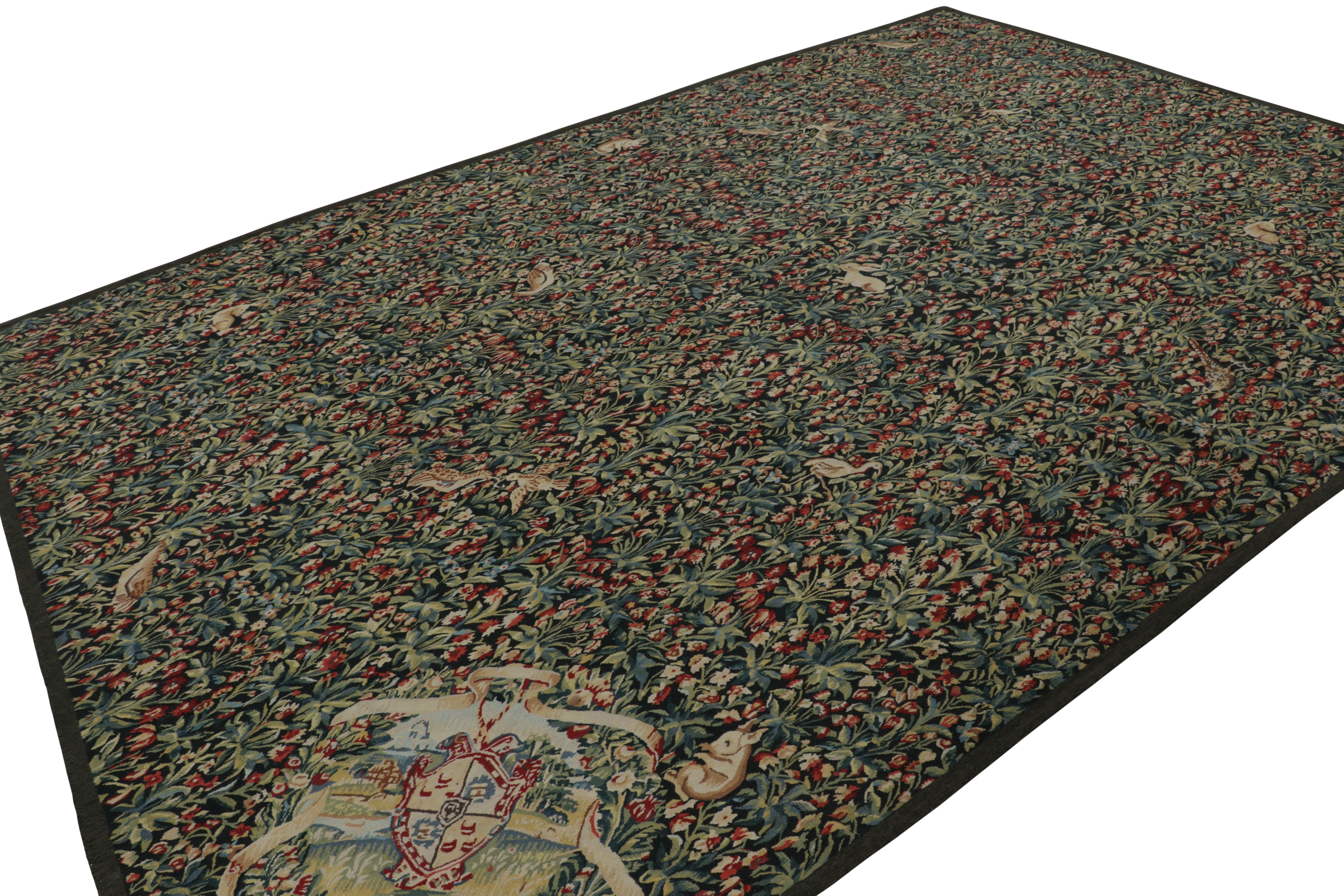 Hand-Woven Rug & Kilim’s Armorial Tudor Style Rug in Green and Red Floral Patterns For Sale