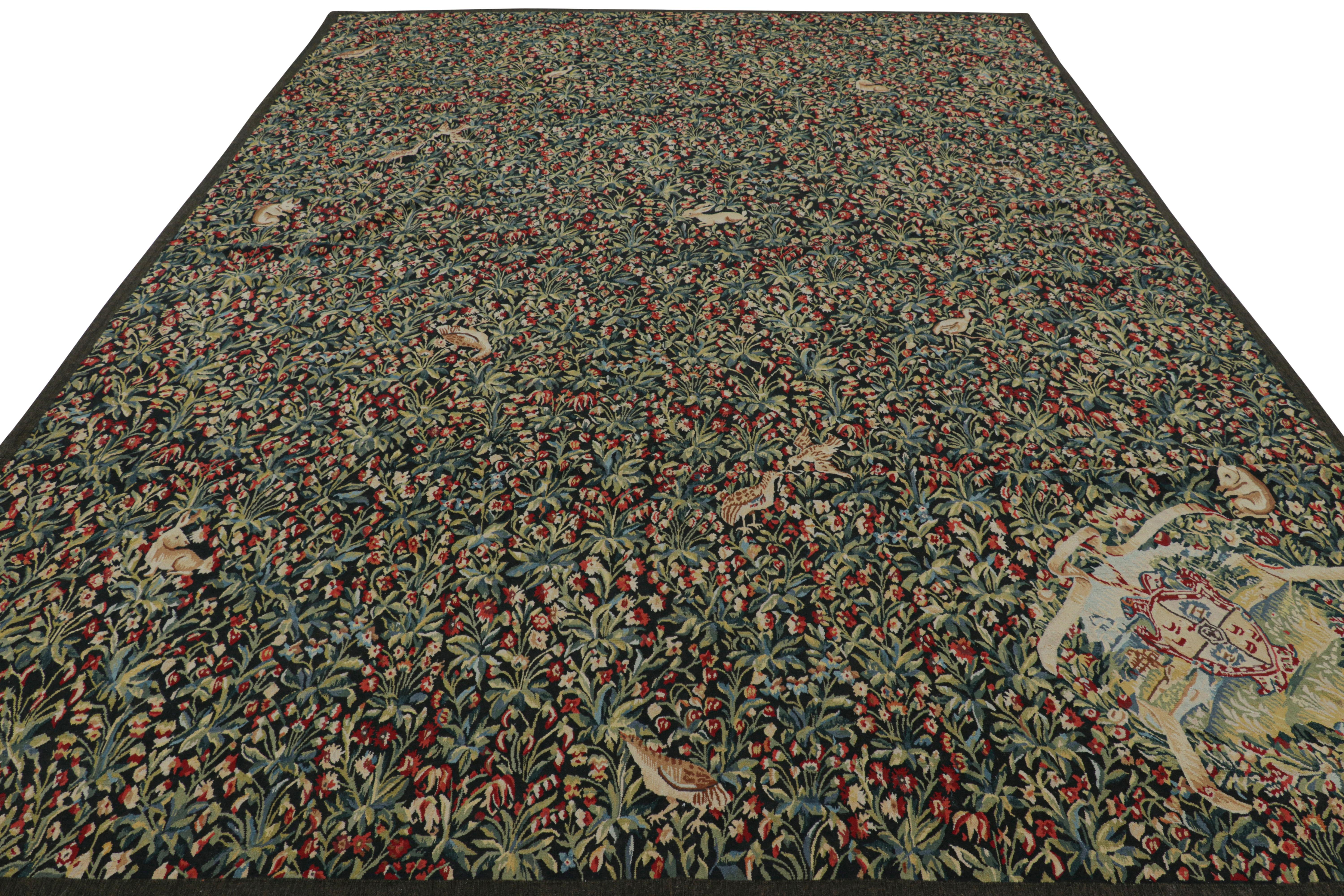 Rug & Kilim’s Armorial Tudor Style Rug in Green and Red Floral Patterns In New Condition For Sale In Long Island City, NY