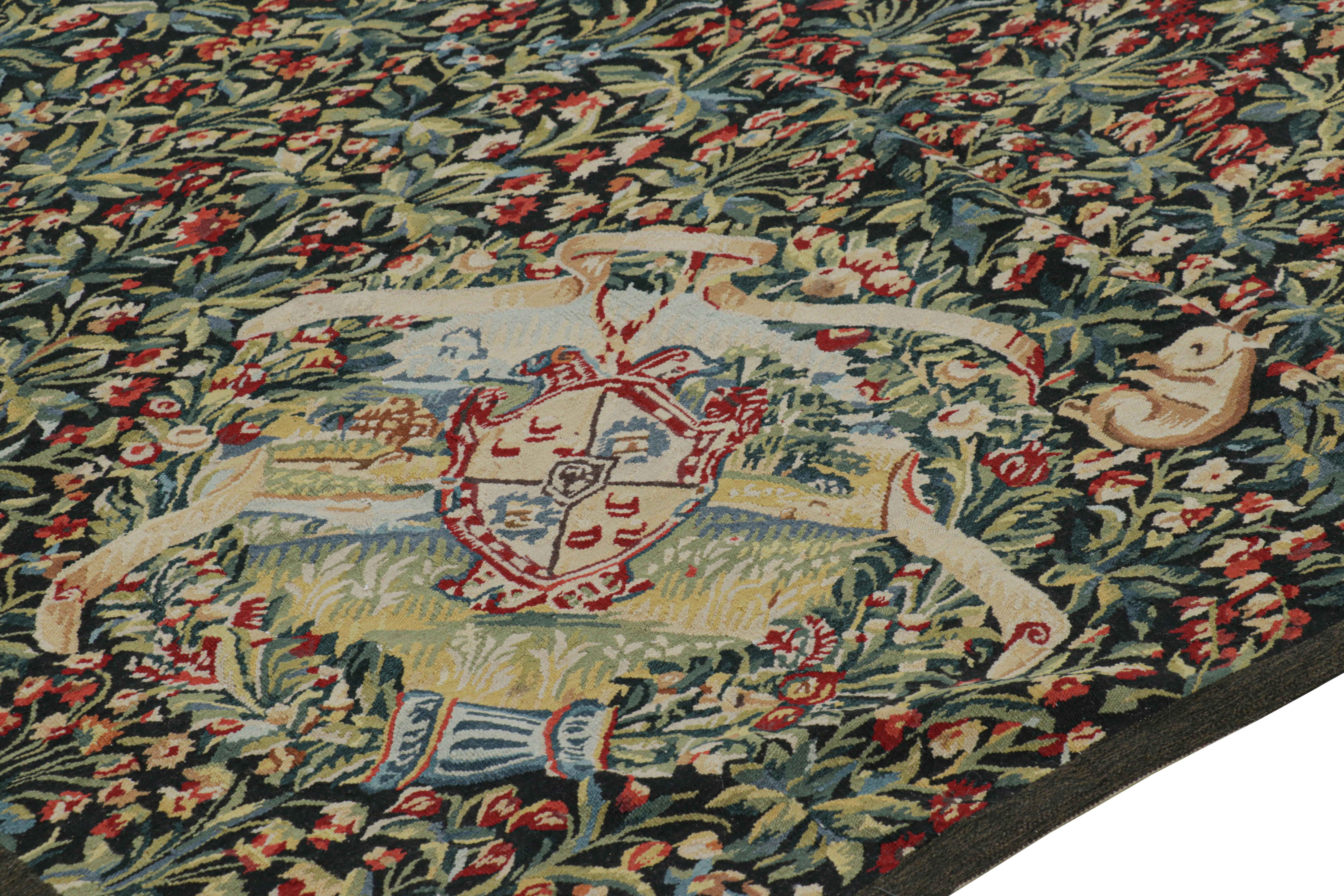 Contemporary Rug & Kilim’s Armorial Tudor Style Rug in Green and Red Floral Patterns For Sale