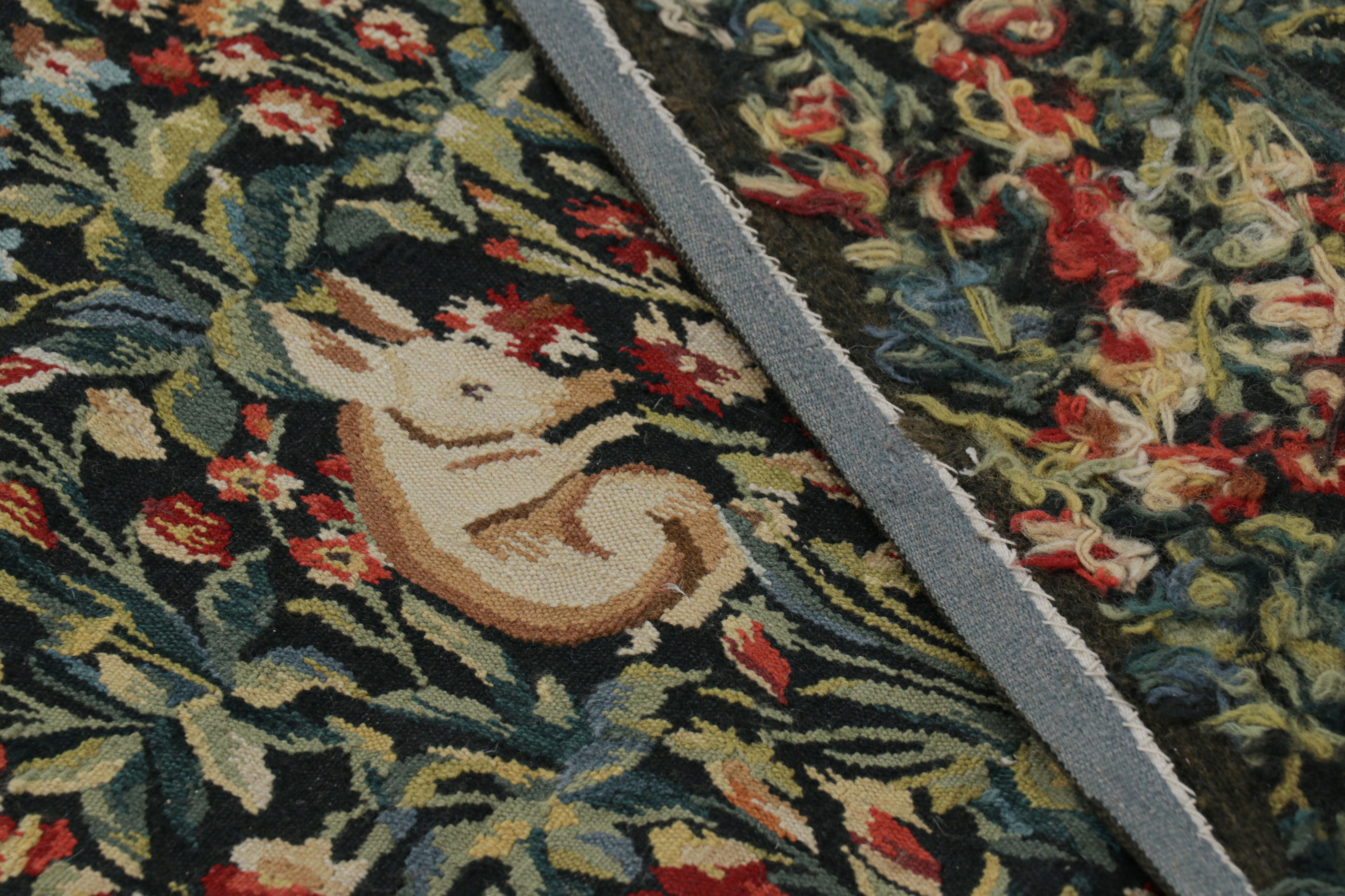Wool Rug & Kilim’s Armorial Tudor Style Rug in Green and Red Floral Patterns For Sale