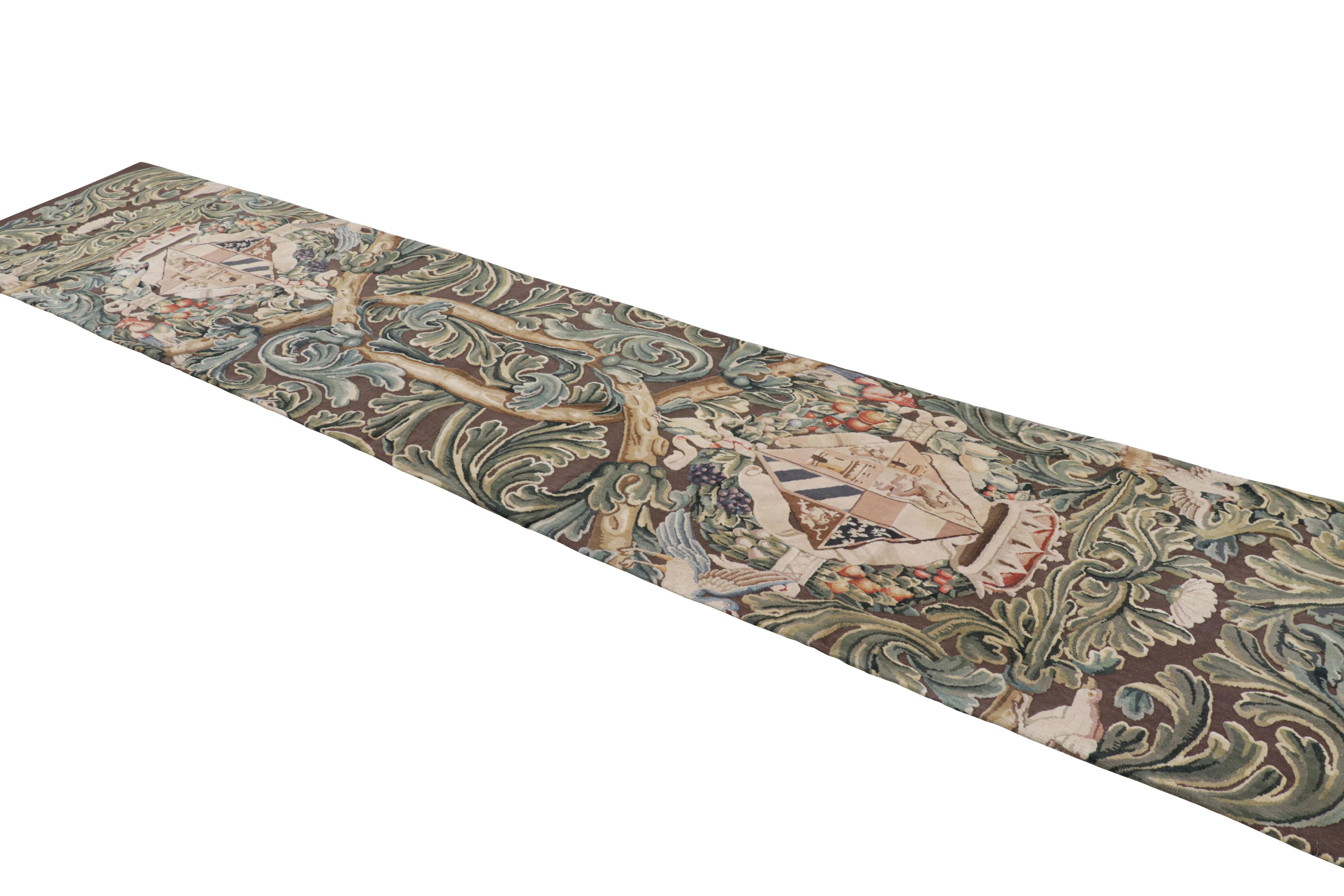 Hand-Woven Rug & Kilim’s Armorial Tudor Style Runner in Black, with Beige, Blue and Gold For Sale