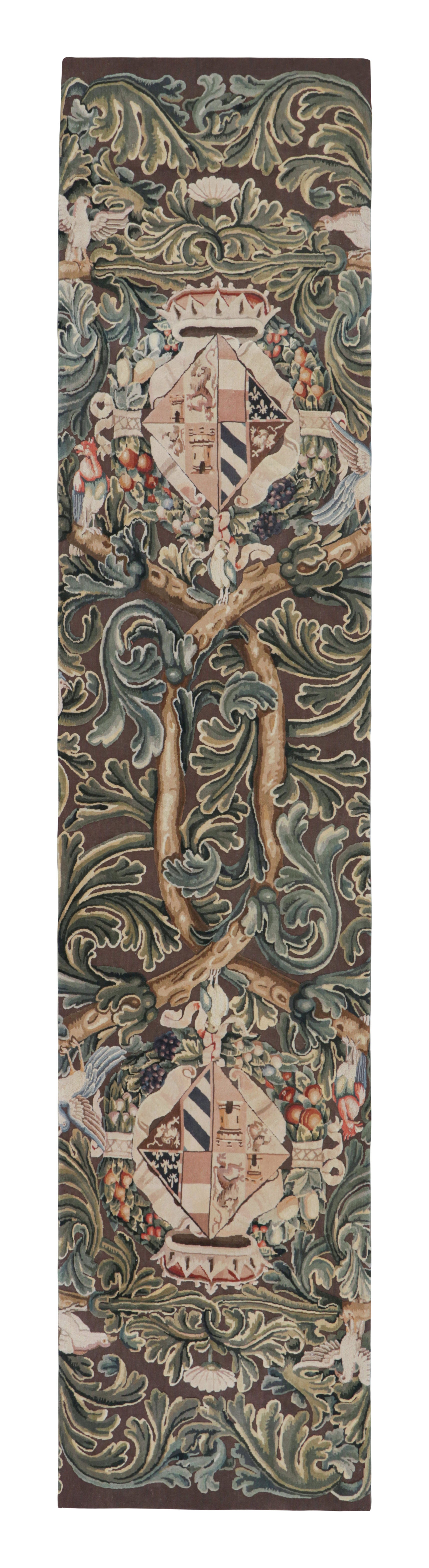 Rug & Kilim’s Armorial Tudor Style Runner in Black, with Beige, Blue and Gold For Sale