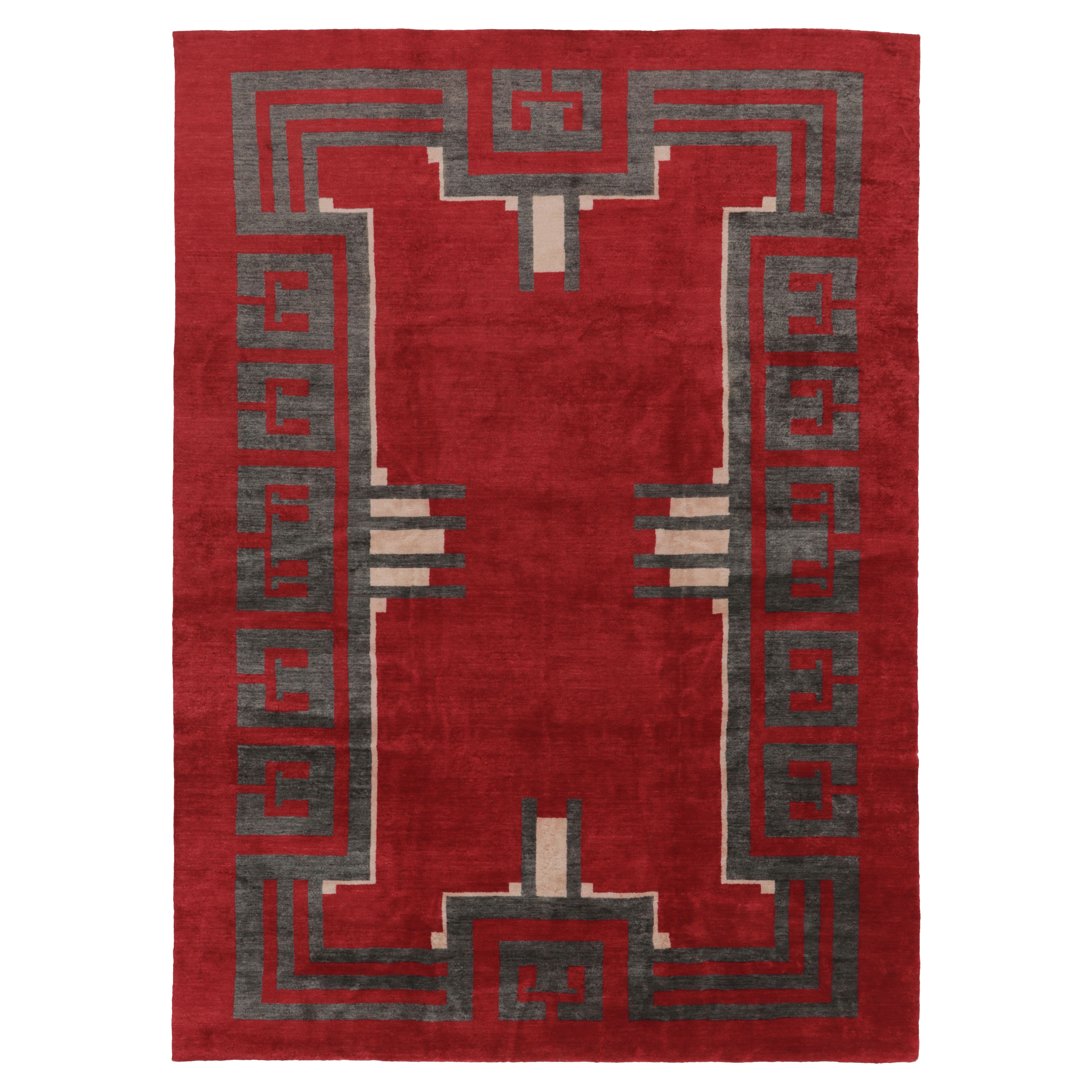 Rug 
Kilim’s Art Deco Inspired Rug in Rich Red and Grey, “Court of Cloud” For Sale