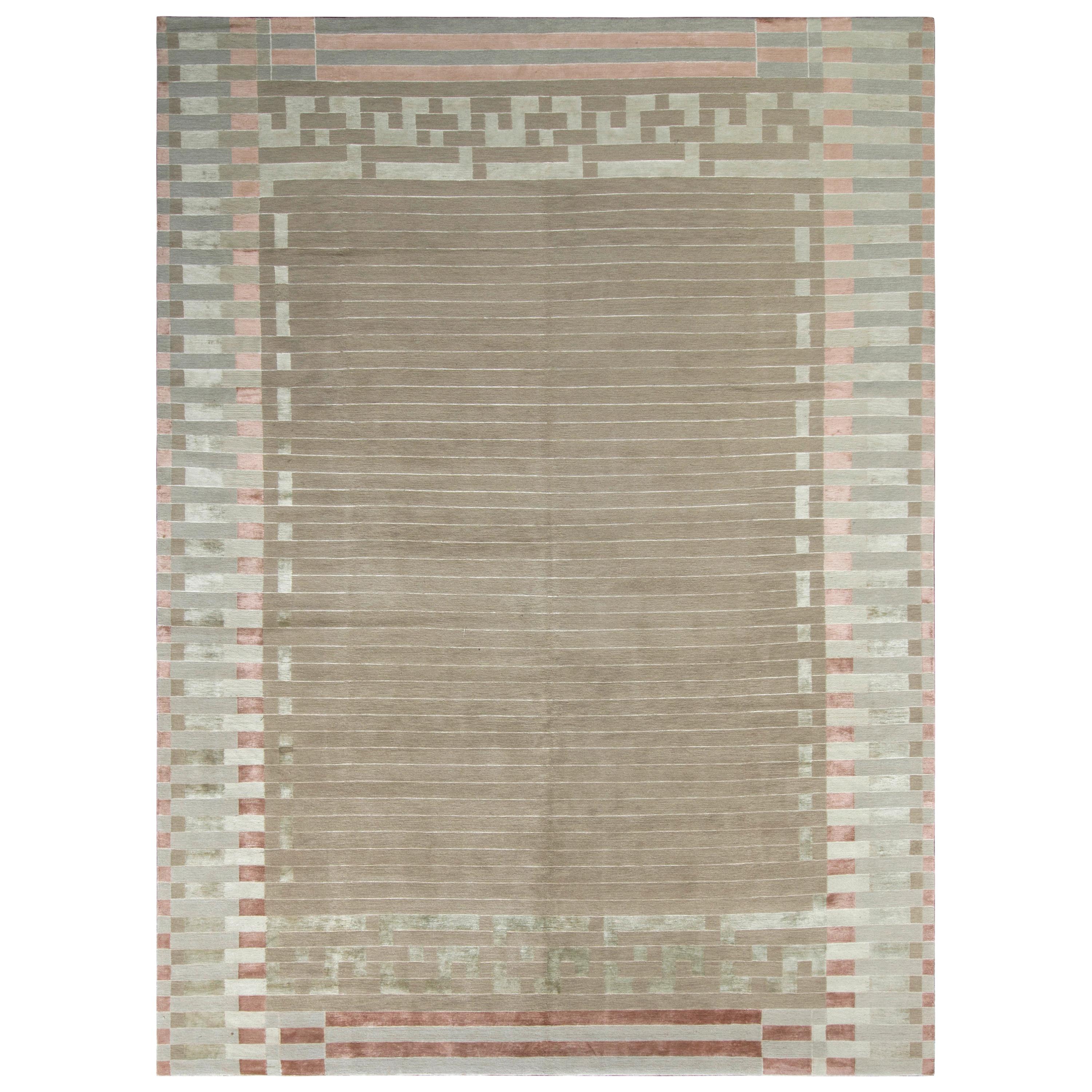 Rug & Kilim’s Art Deco Rug in Beige-Brown and Green Style Geometric Pattern For Sale