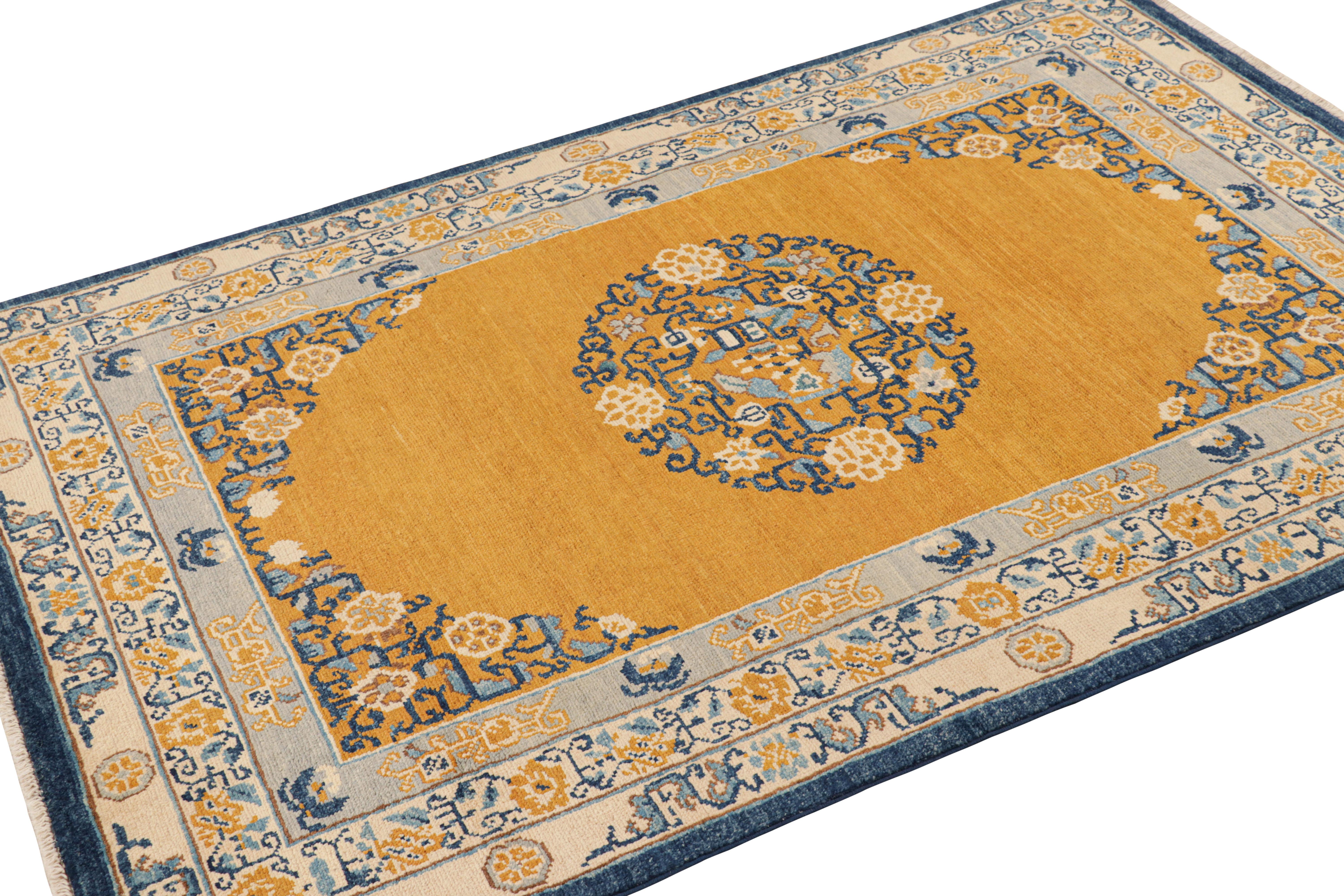Hand-Knotted Rug & Kilim’s Art Deco Rug in Gold with Medallion and Floral Patterns For Sale