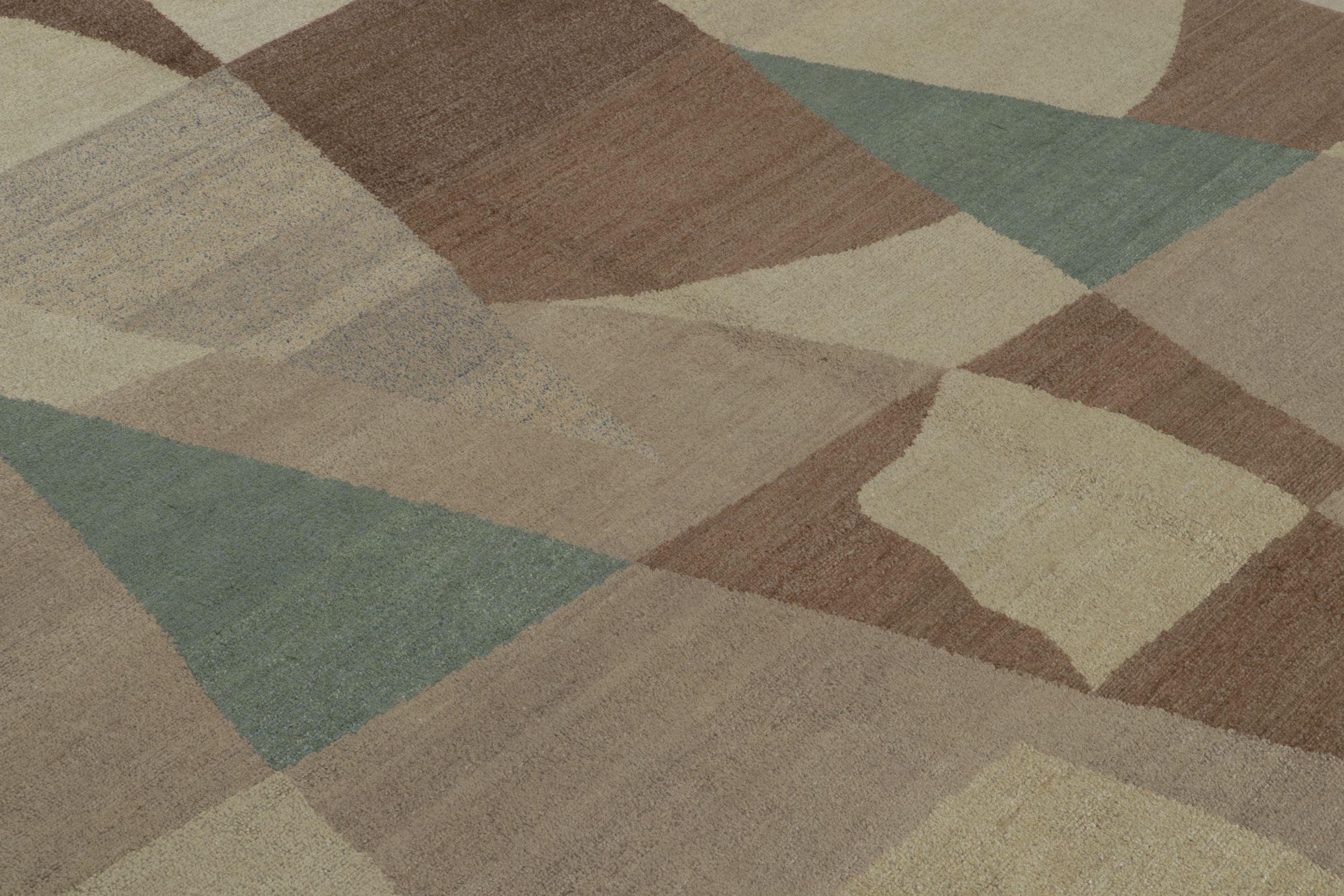 Rug & Kilim's Art Deco Teppich mit Beige-Braun & Blau Geometrischen Mustern Nargis (Nepalesisch) im Angebot