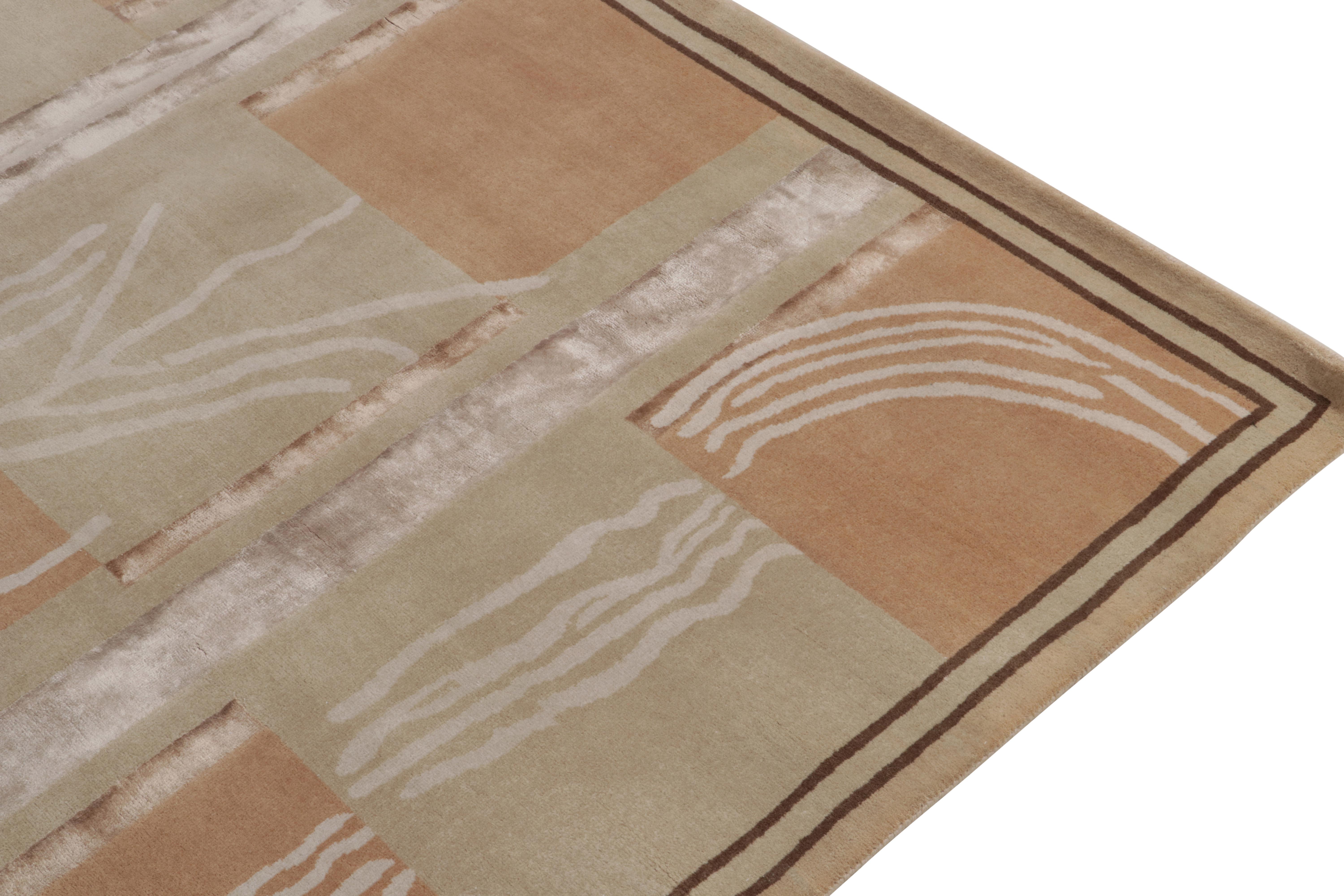 Annodato a mano Rug & Kilim: Tappeto contemporaneo in stile Art Deco in marrone, beige e bianco in vendita