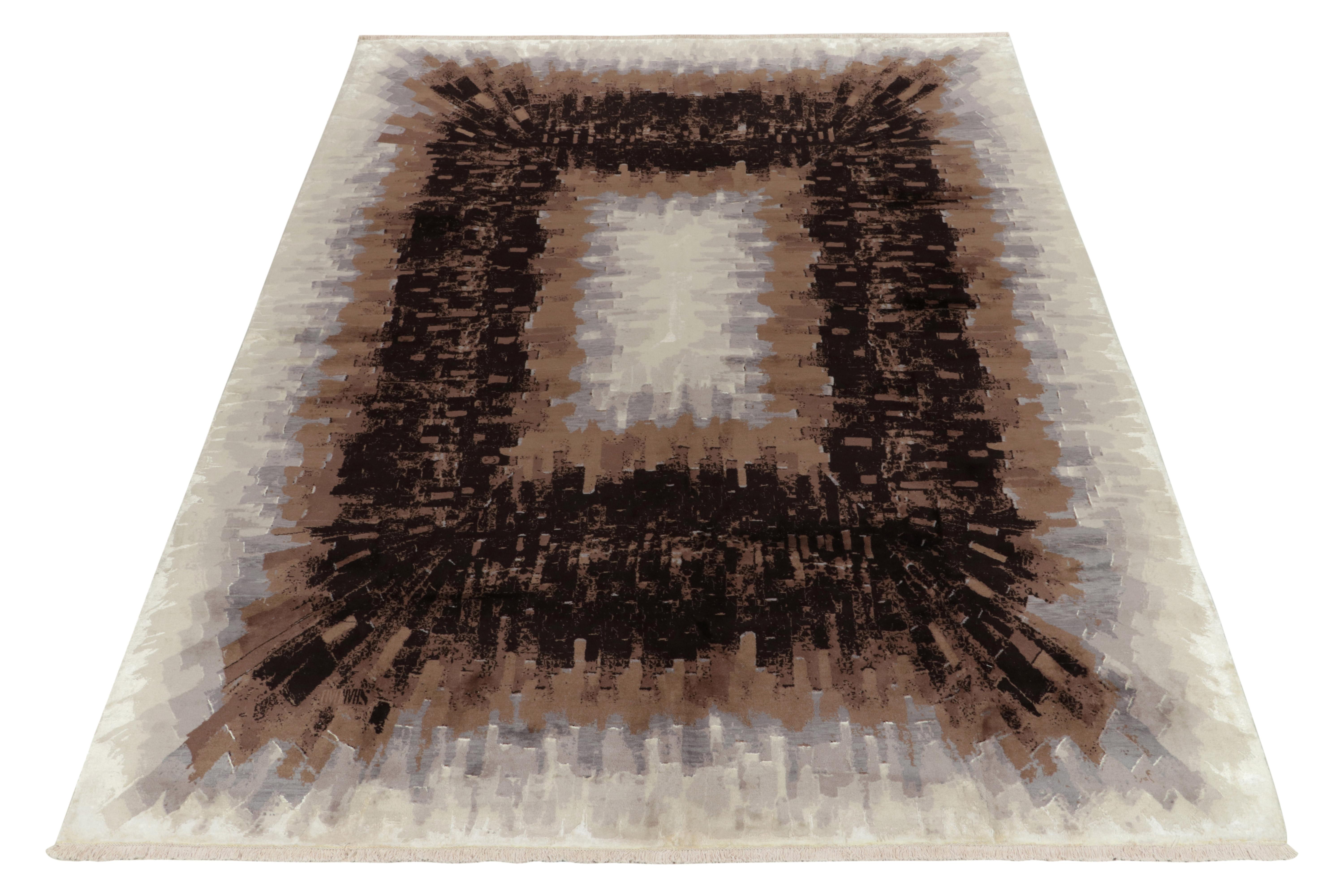 From one of our principal’s finest new atelier partner looms among the best in modern weaving, a bold graphic take on Art Deco rugs and abstraction of the principle of artisan rugs. Featuring an artful attitude with painterly brushstrokes in gray,