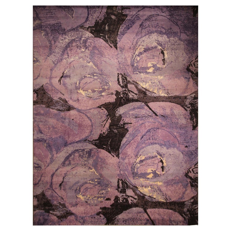 Rug and Kilim’s Art Deco Style Floral Rug, Purple, Pink and Black