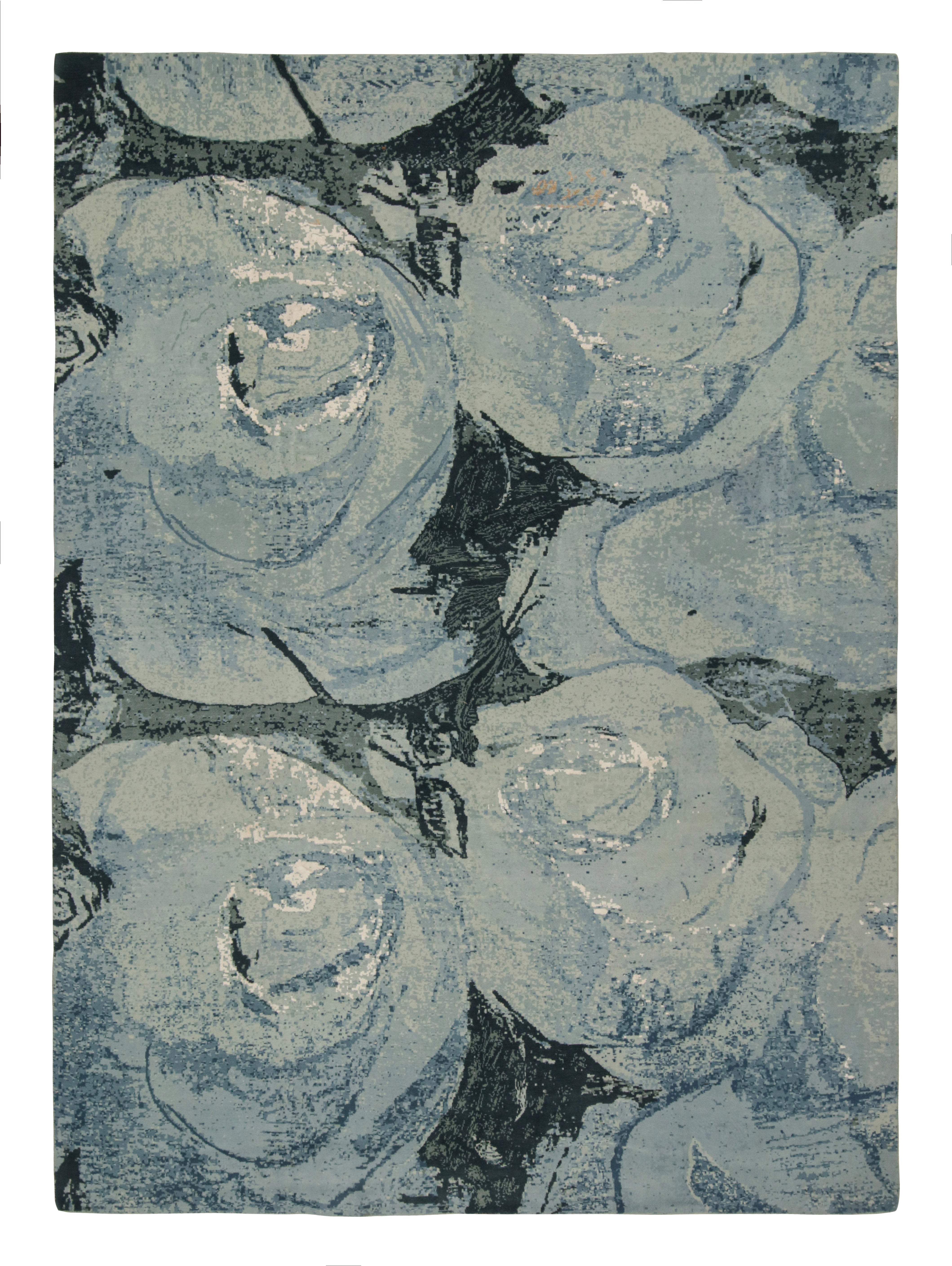 Rug & Kilim’s Modern Abstract Impressionist Rug in Blue, with Floral Patterns For Sale