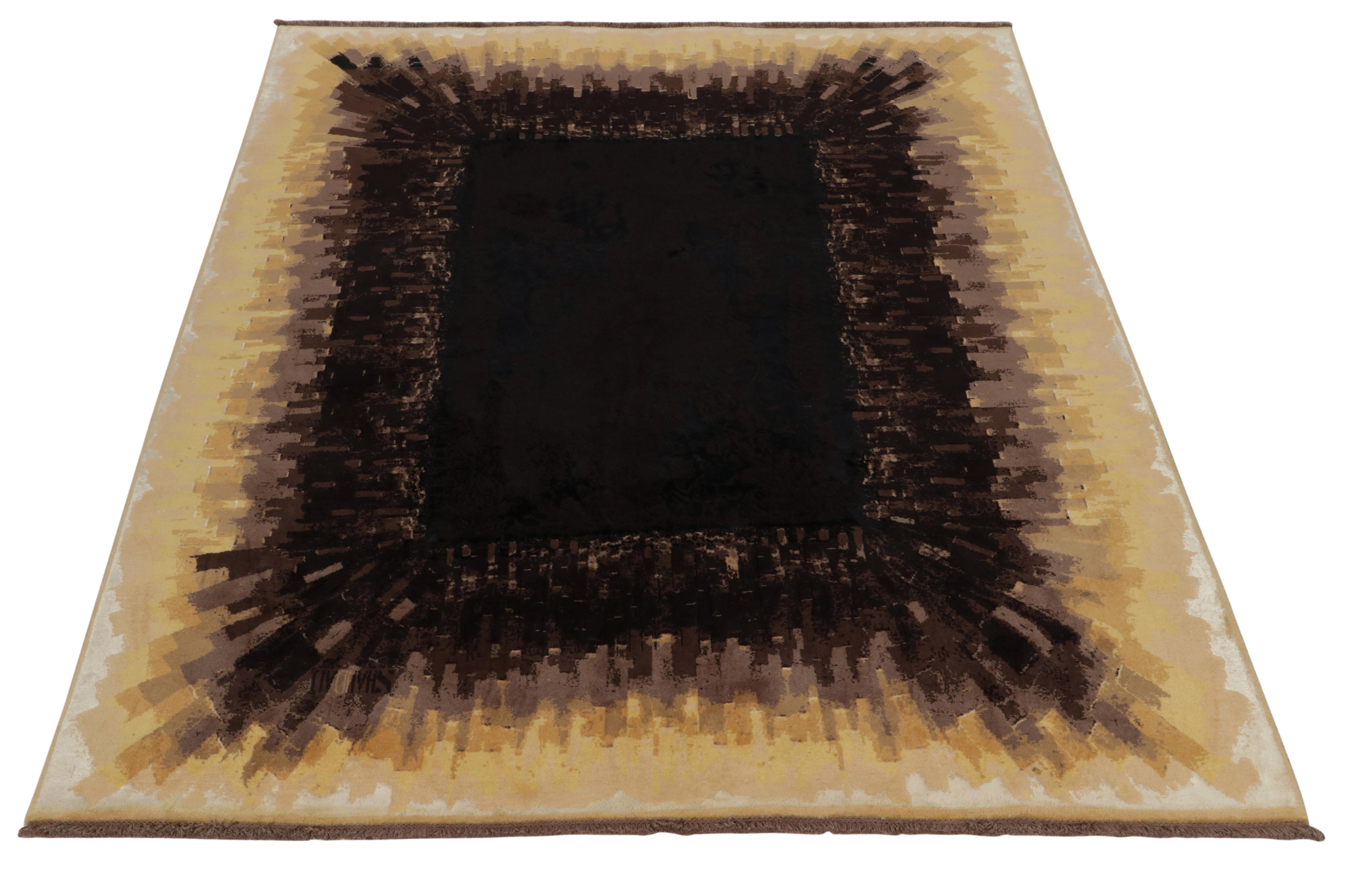 From one of the finest workshops in the world among our principal’s finest new partner ateliers, a bold graphic take on Art Deco pieces and abstraction of the principle of open field rugs. Featuring an artful attitude with painterly brushstrokes in