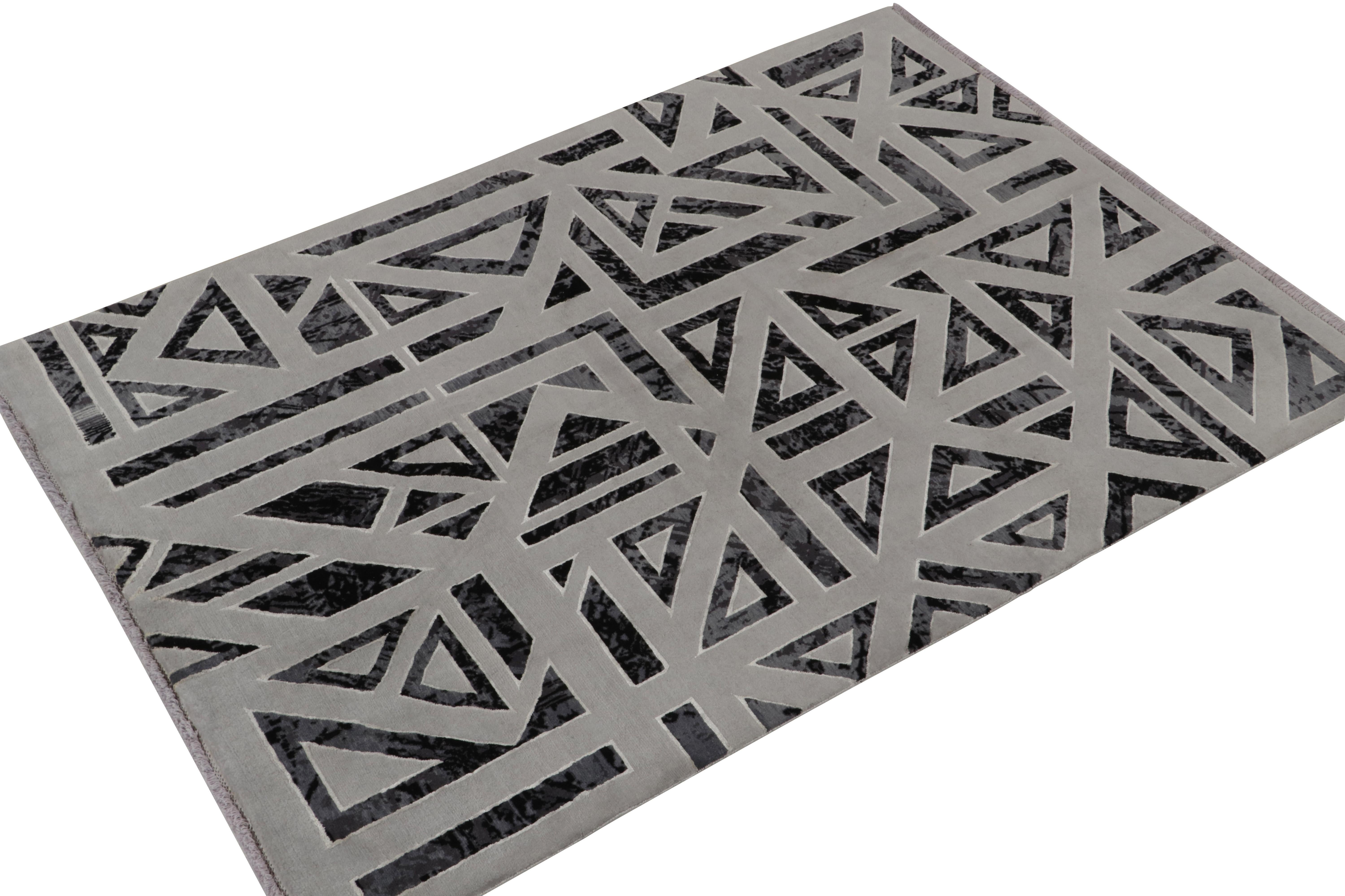 Persian Rug & Kilim’s Art Deco Style Modern Rug in Grey, Black Geometric Pattern For Sale