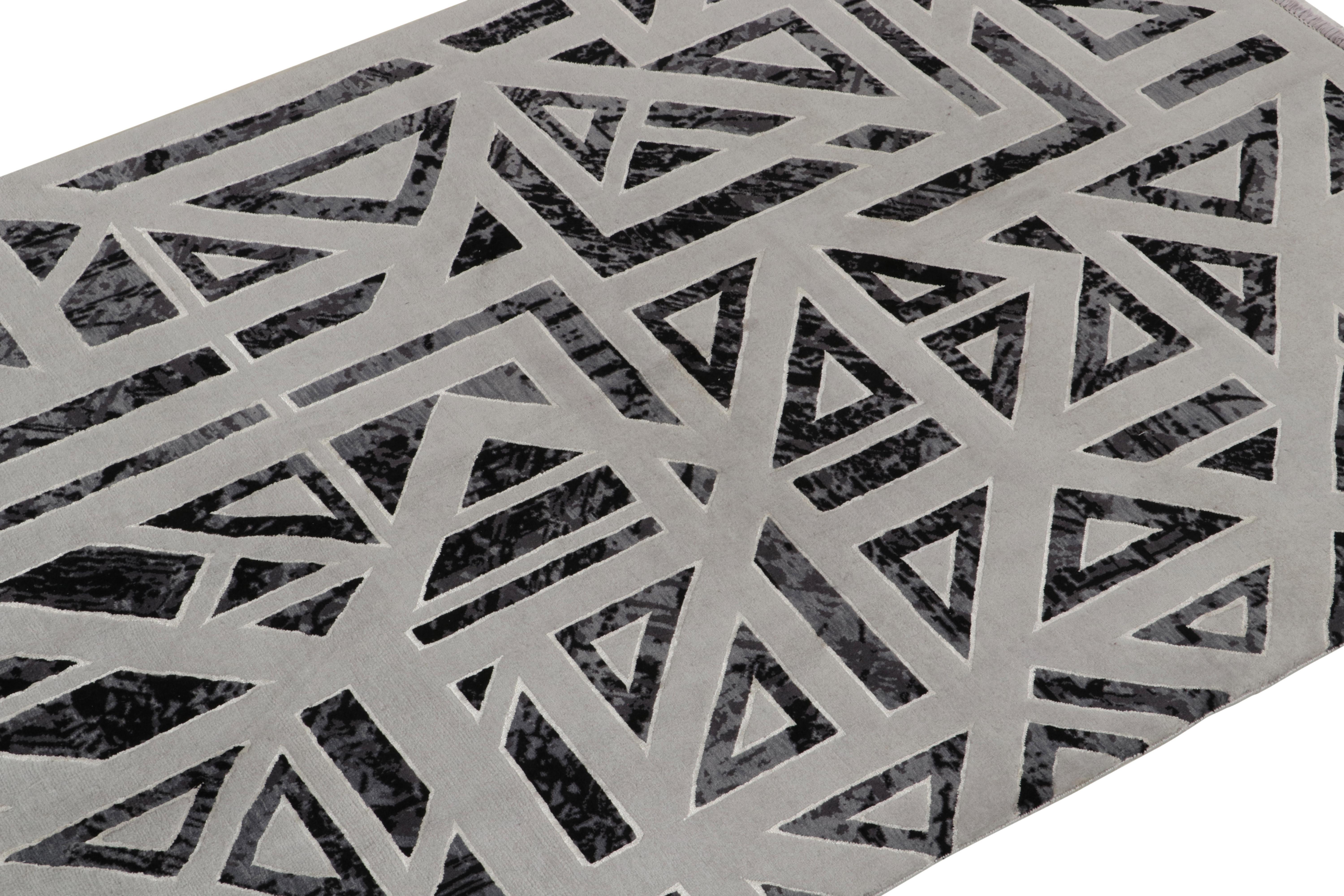 Hand-Knotted Rug & Kilim’s Art Deco Style Modern Rug in Grey, Black Geometric Pattern For Sale