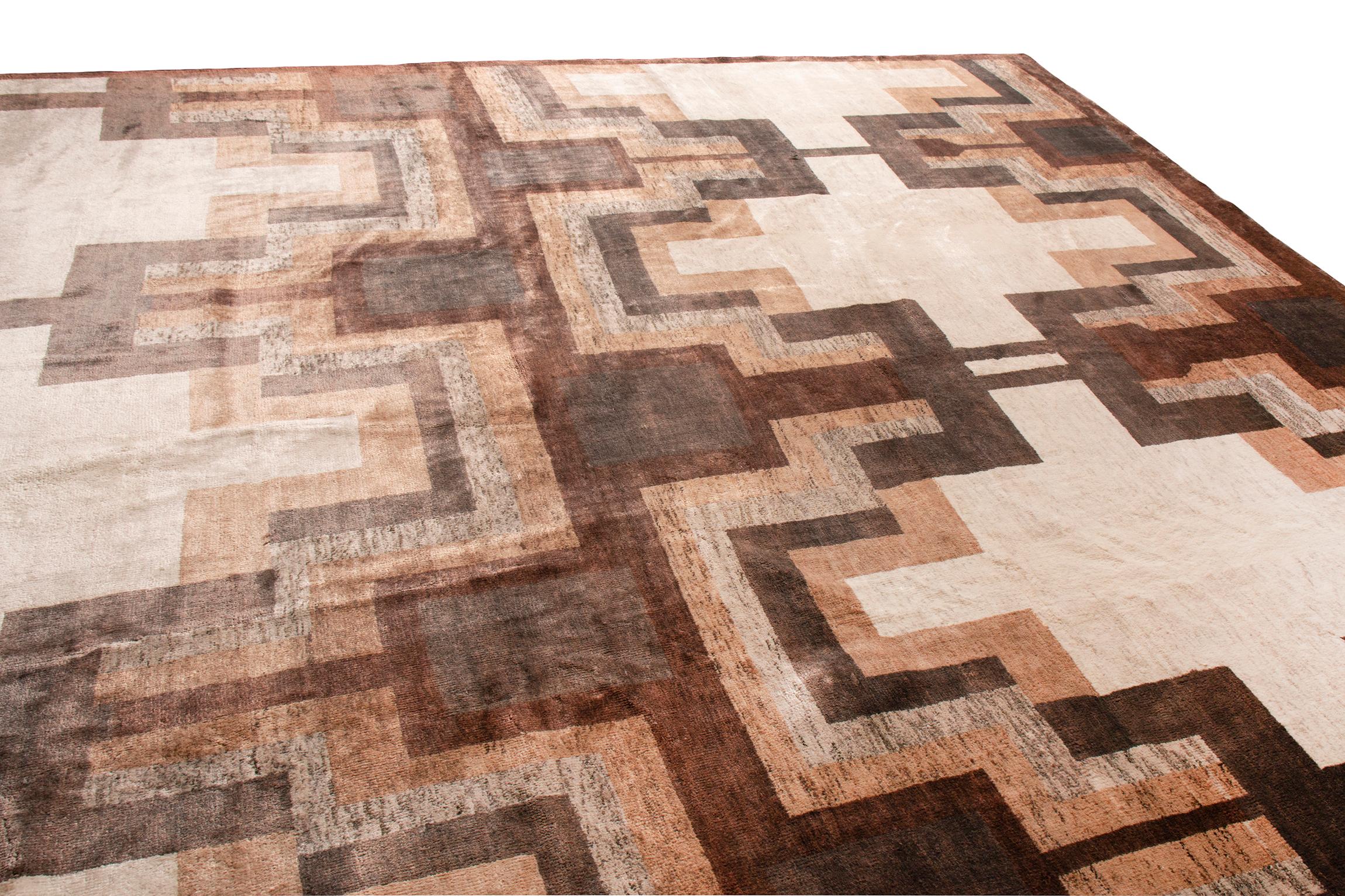 Indian Rug & Kilim’s Art Deco Style Rug, Beige Brown Midcentury Geometric Pattern