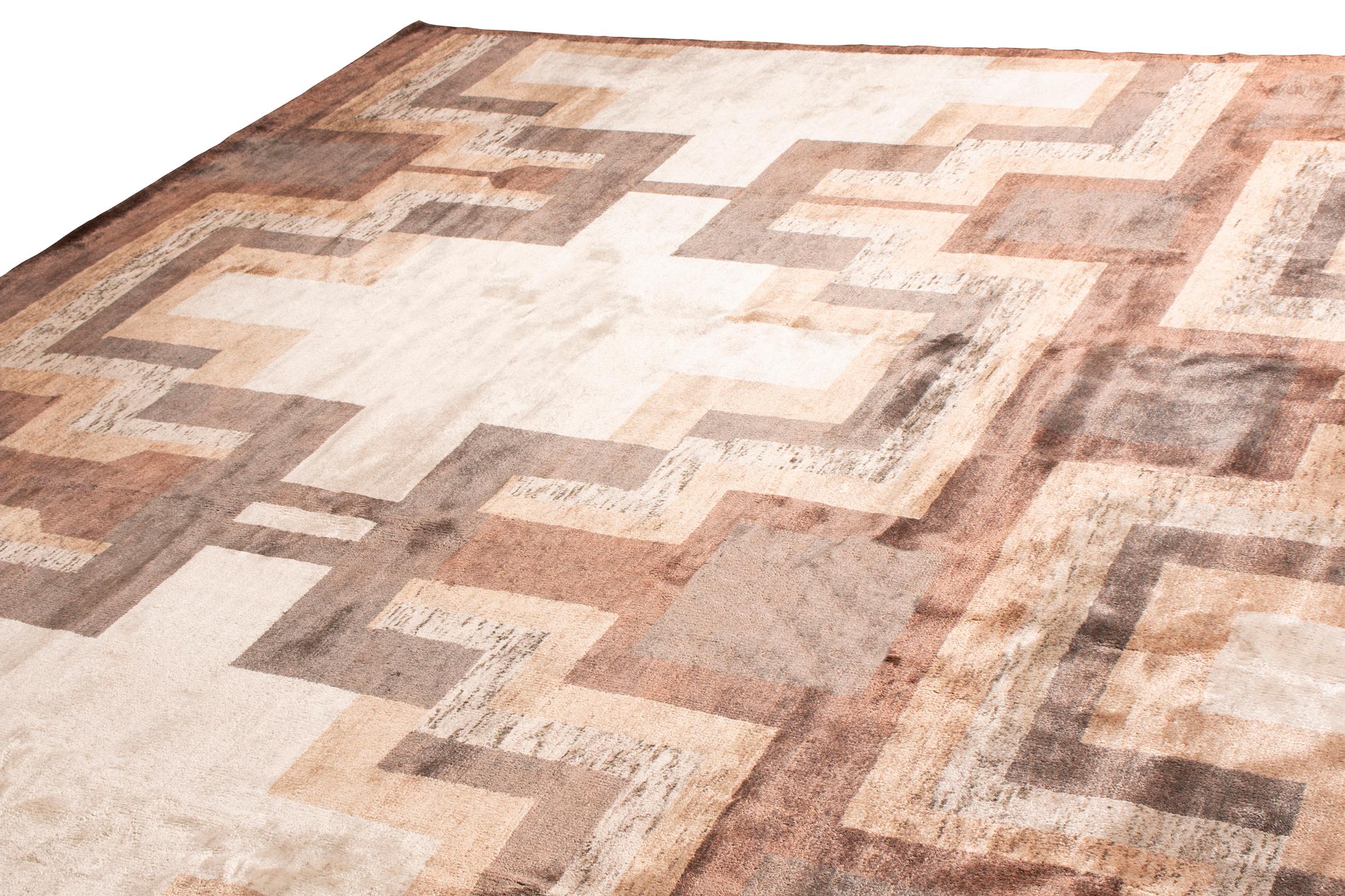 Hand-Knotted Rug & Kilim’s Art Deco Style Rug, Beige Brown Midcentury Geometric Pattern For Sale