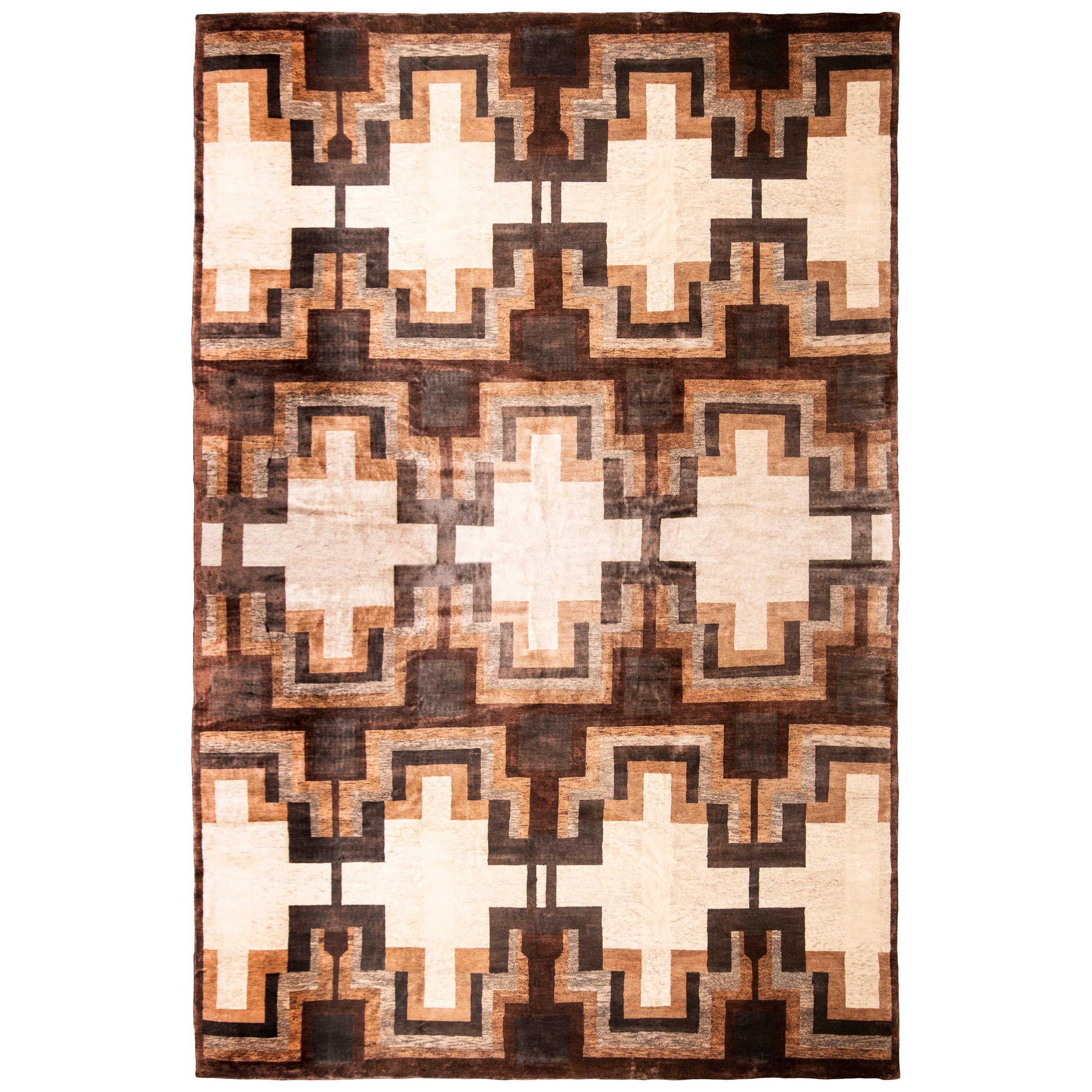 Tapis & Kilims de style Art Déco, motif géométrique beige et marron du milieu du siècle dernier