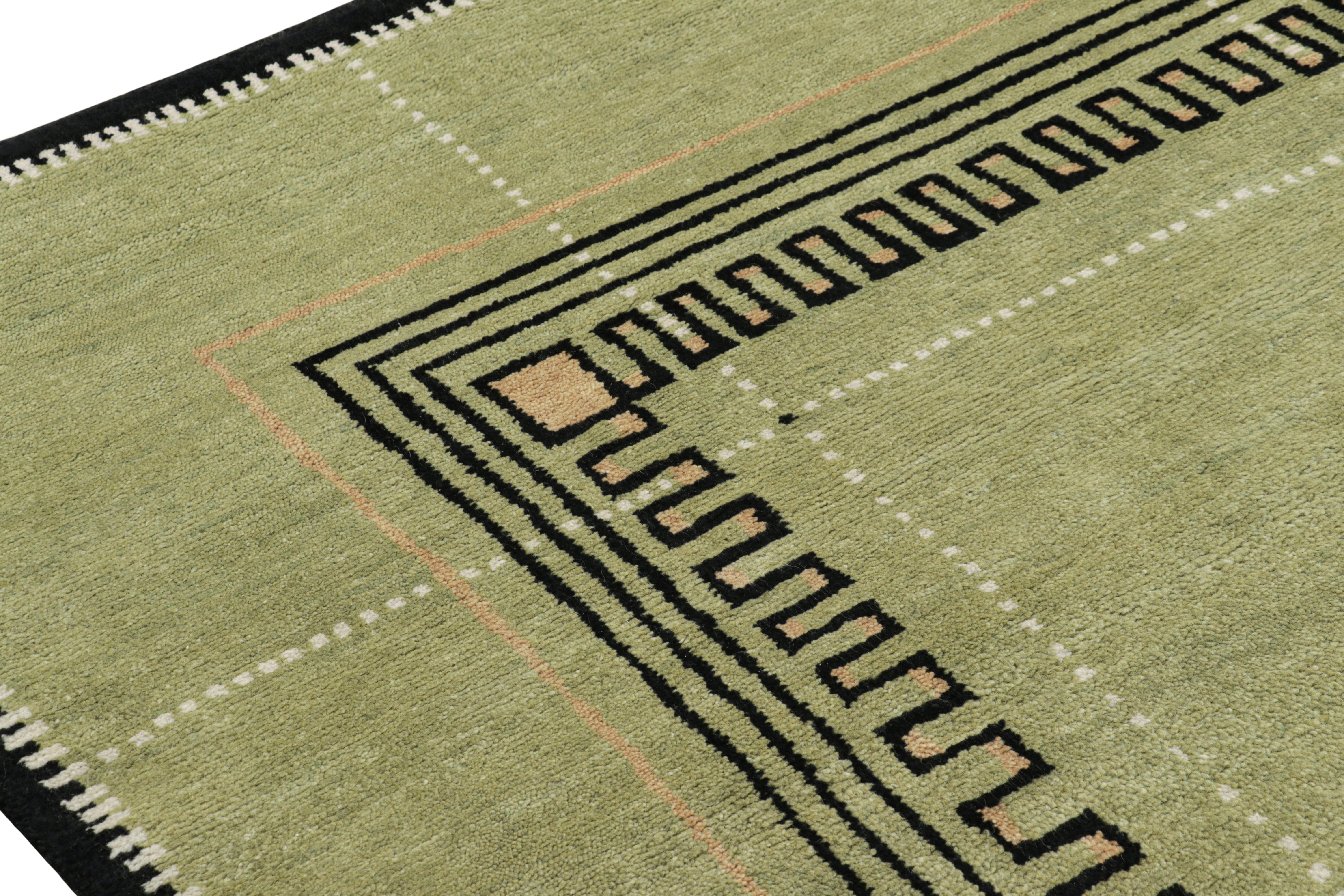 Indiano Rug & Kilim - Tappeto in stile Art Déco in verde con motivi geometrici neri in vendita