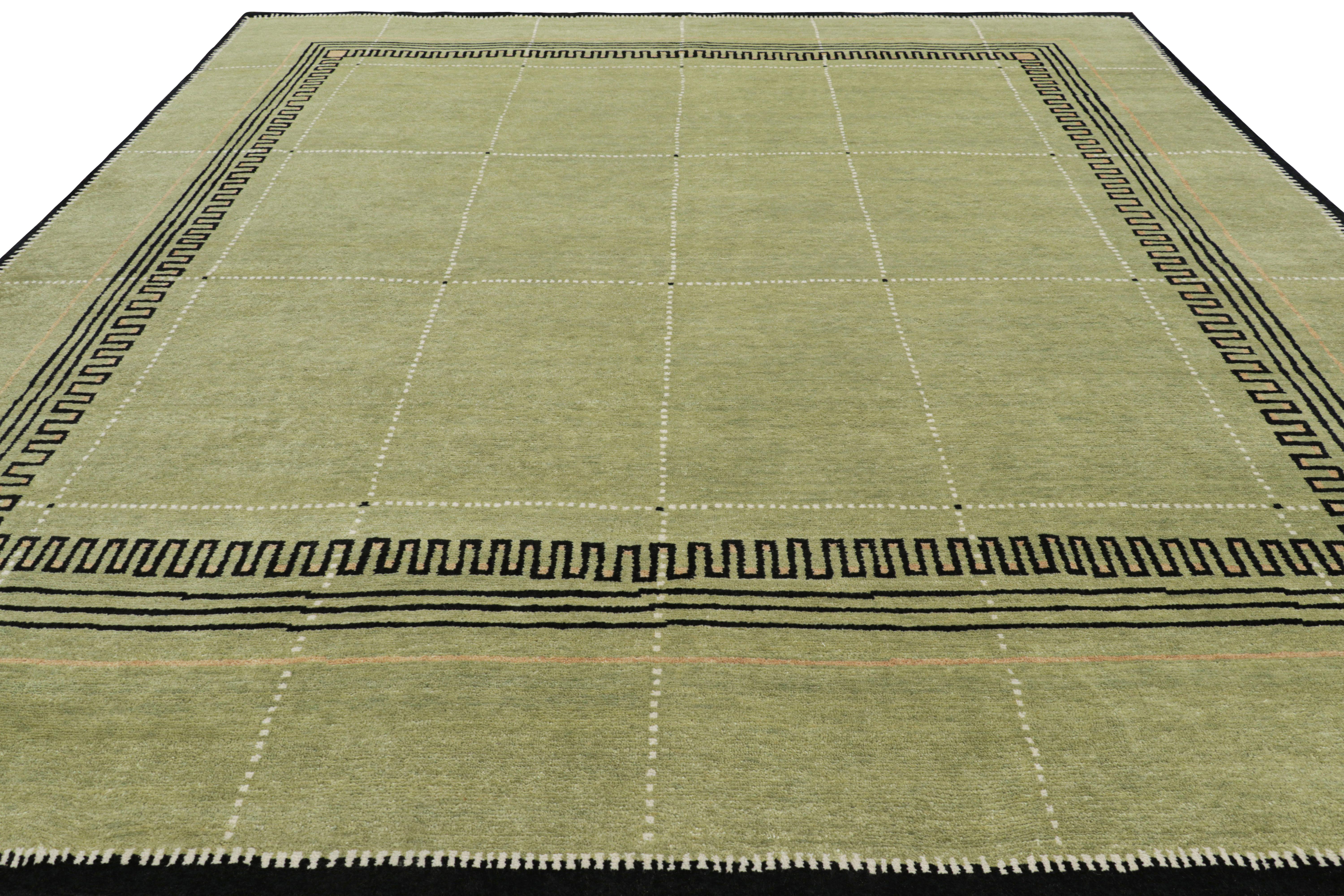 Tessuto a mano Rug & Kilim - Tappeto in stile Art Déco in verde con motivi geometrici neri in vendita