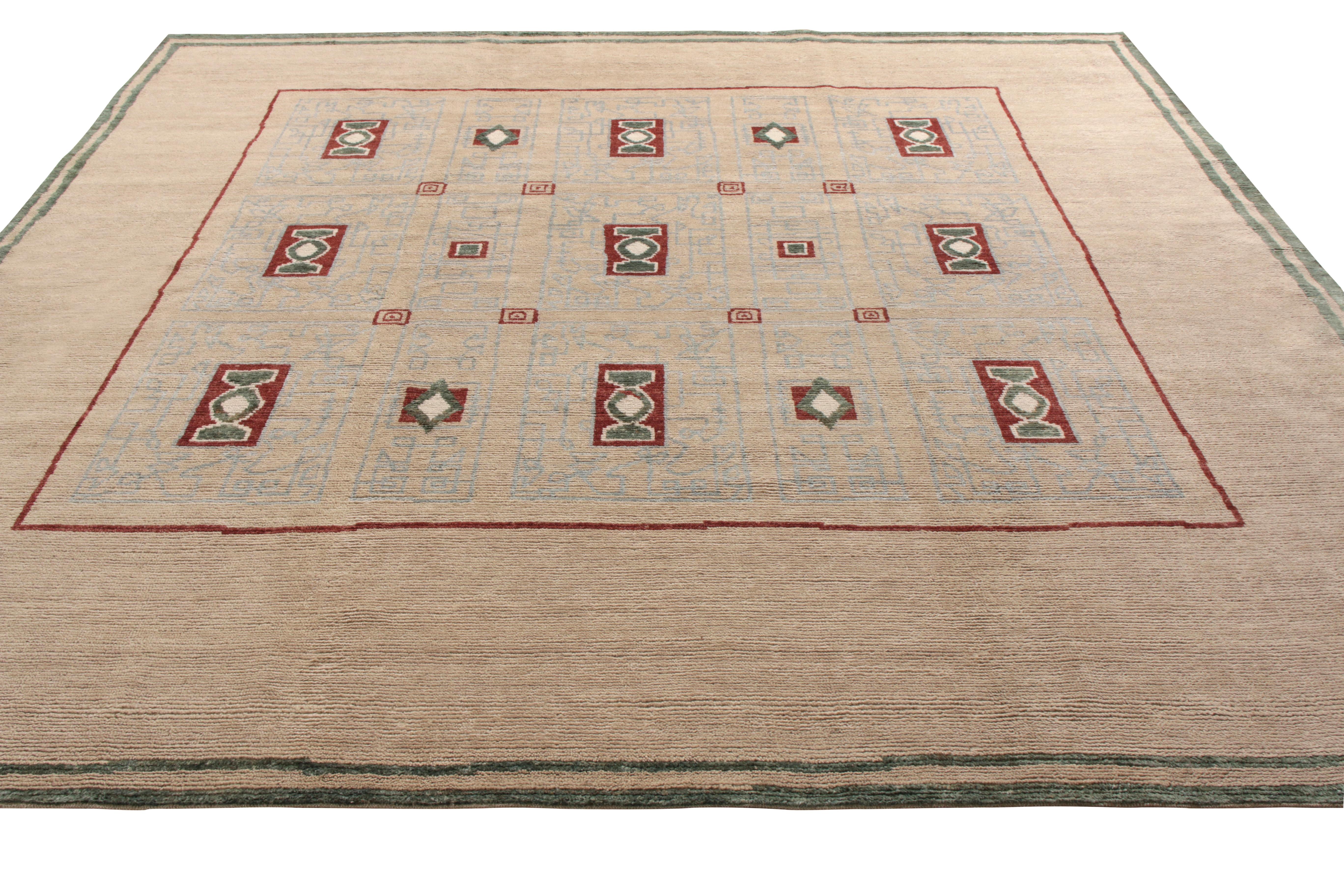 A 10 x 10 ode to French Art Deco rug styles, joining Rug & Kilim’s Deco Collection. Hand knotted in wool, enjoying a notes of green, red, and blue above soothing beige in a sophisticated array of medallion patterns. 

Further on the design: This
