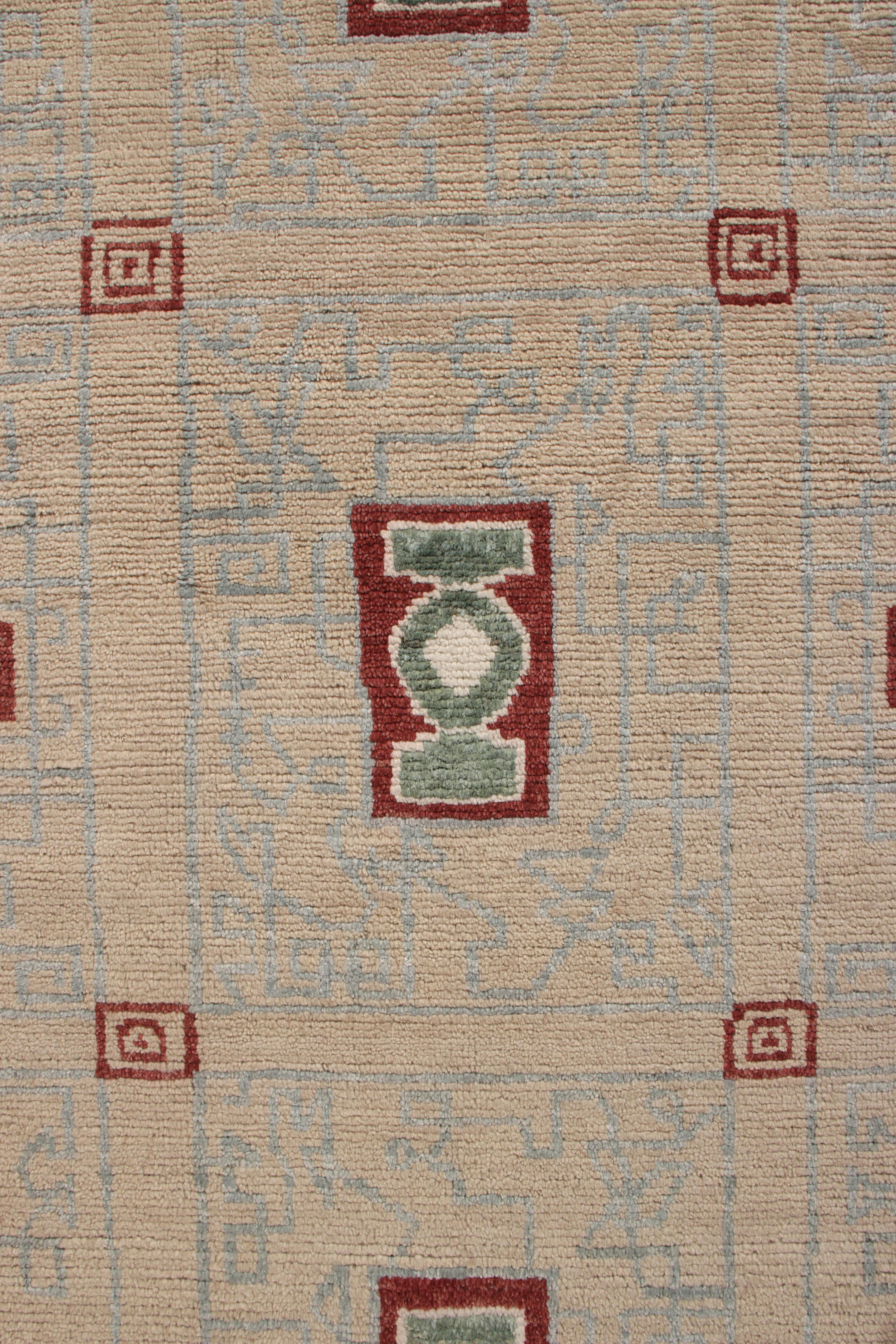 Indian Rug & Kilim’s Art Deco Style Rug in Beige and Green Geometric Pattern For Sale