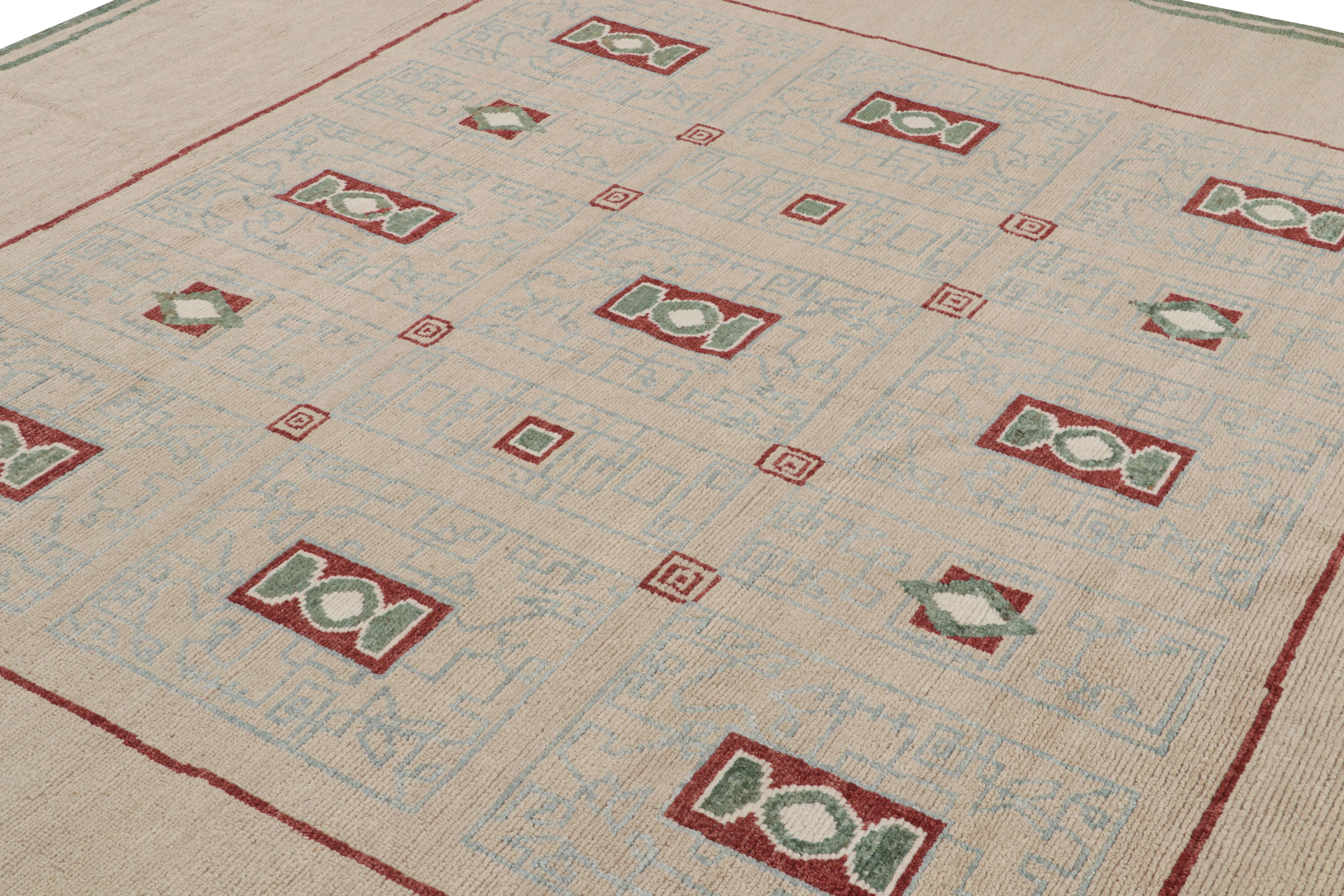 Indian Rug & Kilim’s Art Deco Style Rug in Beige and Green Geometric Pattern For Sale