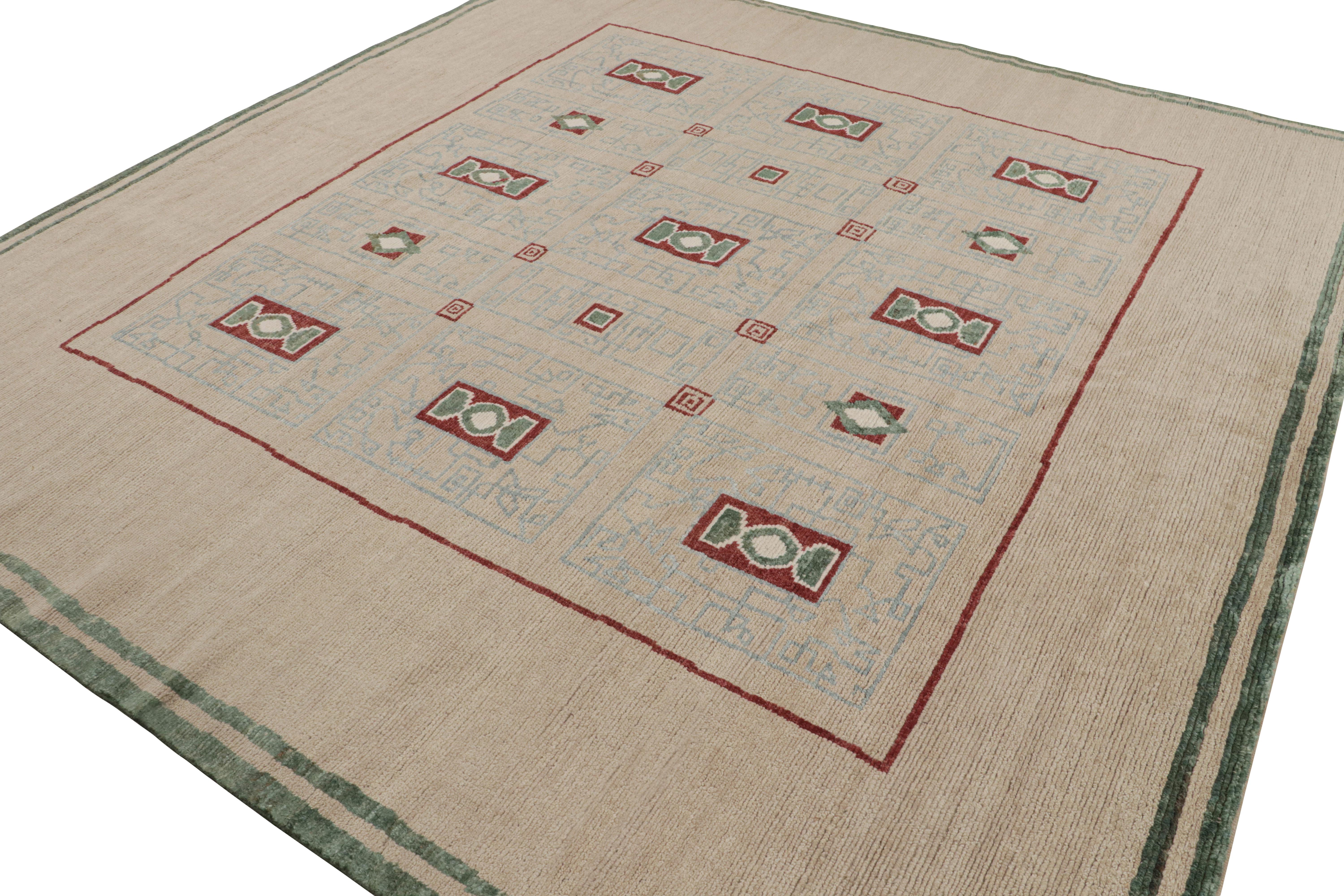 A 10 x 10 ode to French Art Deco rug styles, joining Rug & Kilim’s Deco Collection. Hand knotted in wool, enjoying a notes of green, red, and blue above soothing beige in a sophisticated array of medallion patterns. 

Further on the design: This