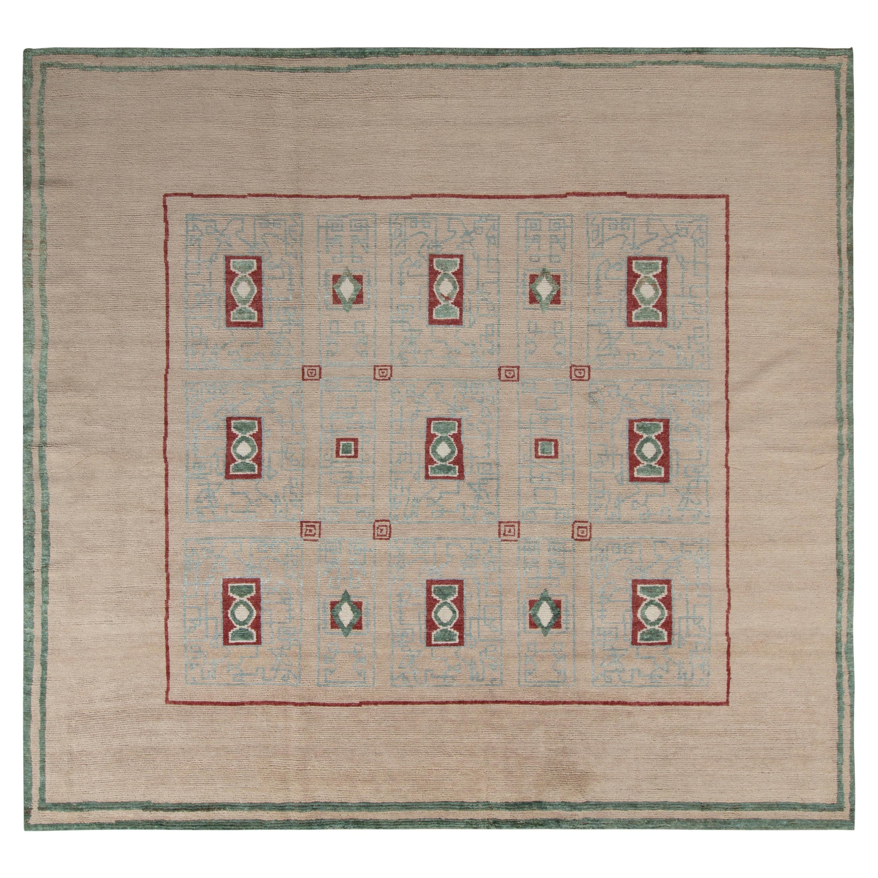Rug & Kilim’s Art Deco Style Rug in Beige and Green Geometric Pattern For Sale